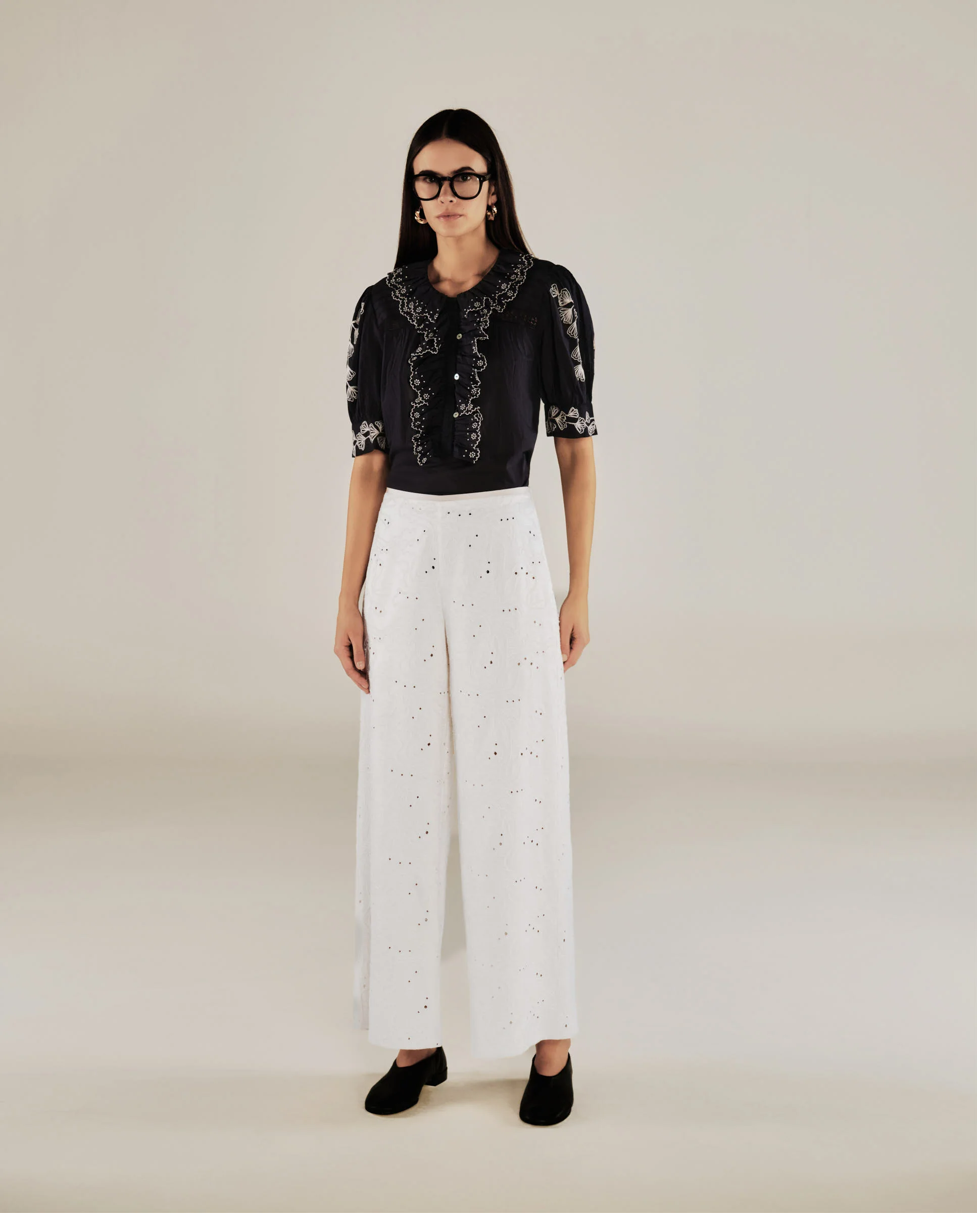 ELODIE | Ecru Embroidered Wide Leg Trousers - Image 3