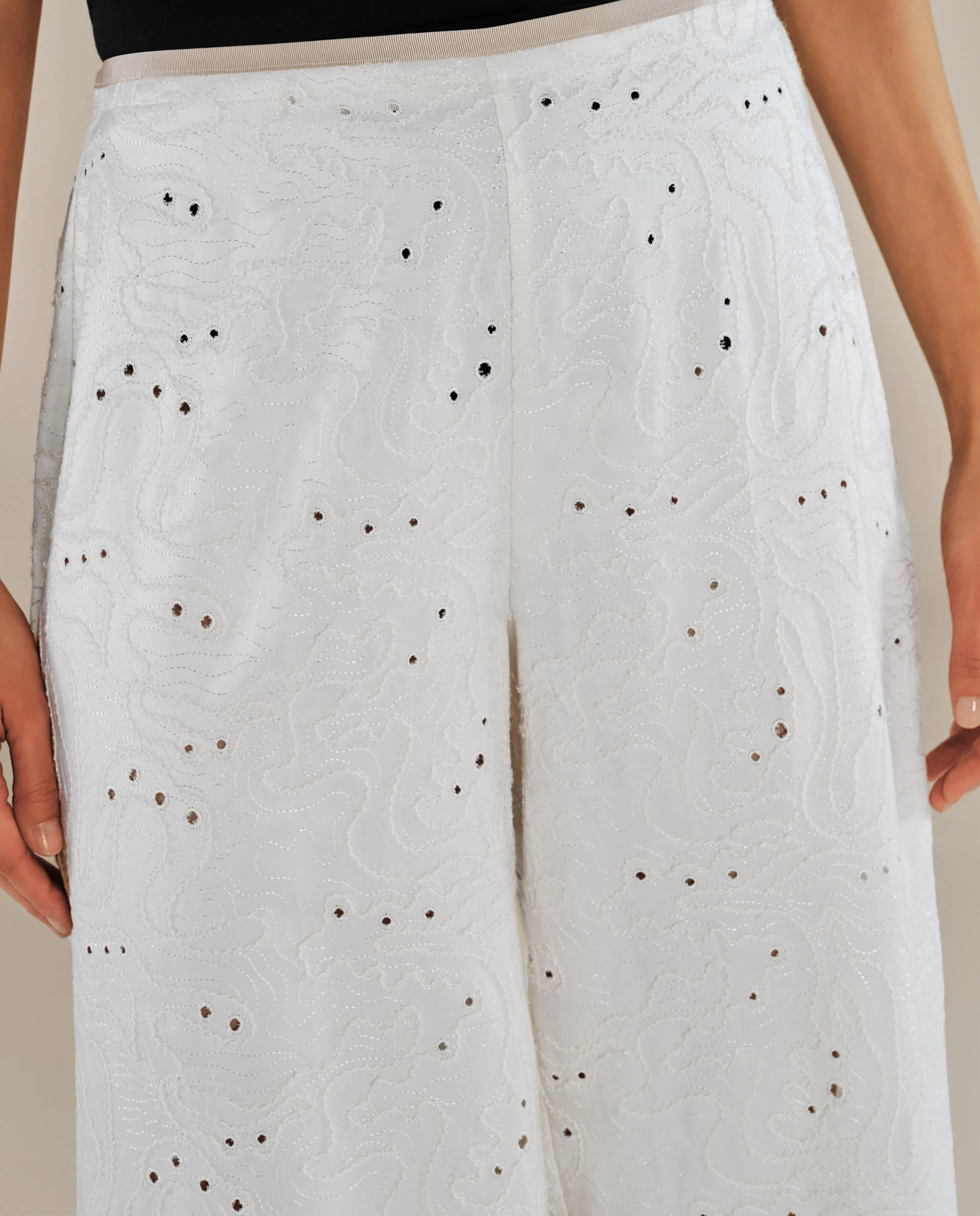 ELODIE | Ecru Embroidered Wide Leg Trousers - Image 4