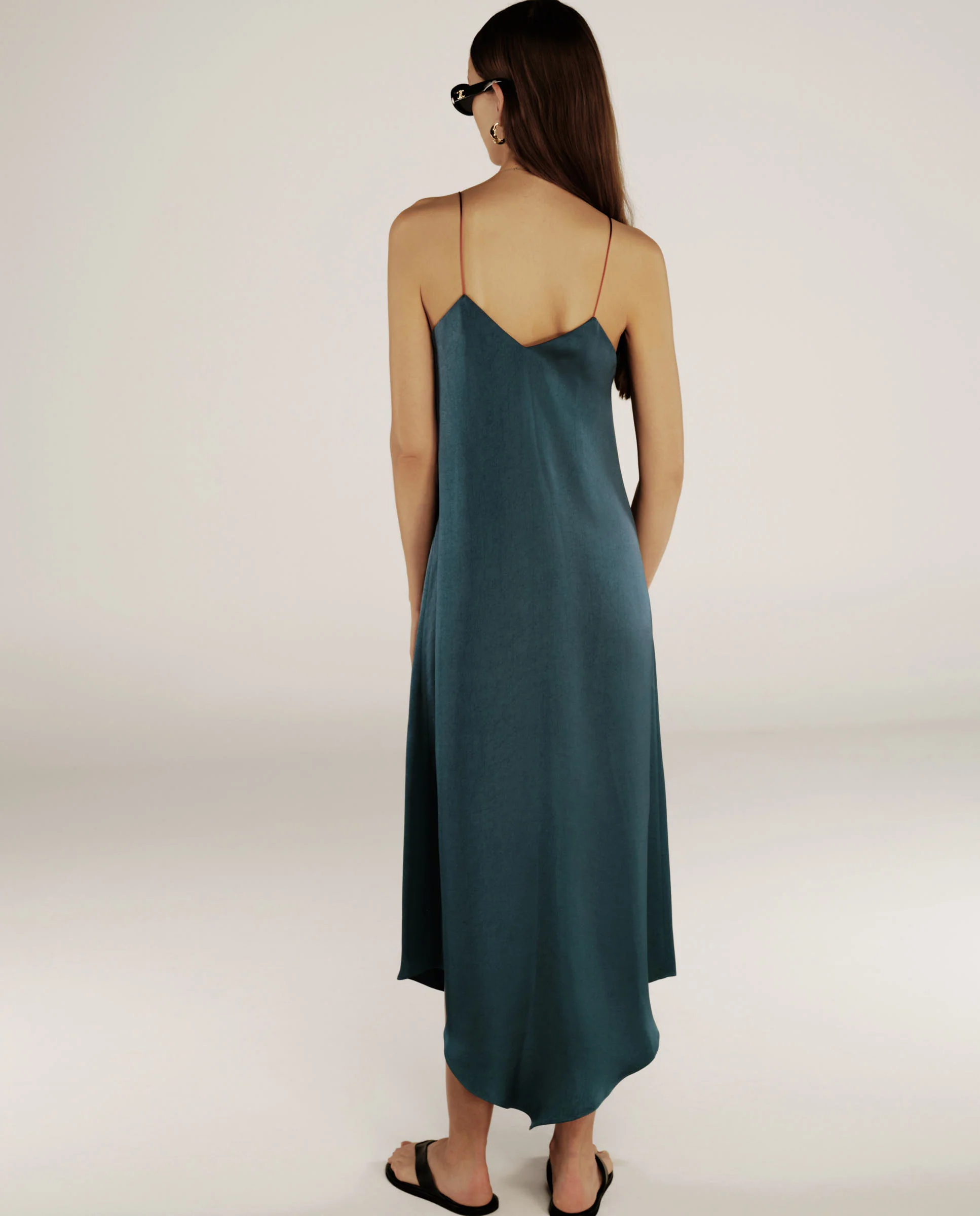 ELSIE | Peacock Green Satin Strap Midi Dress - Image 3