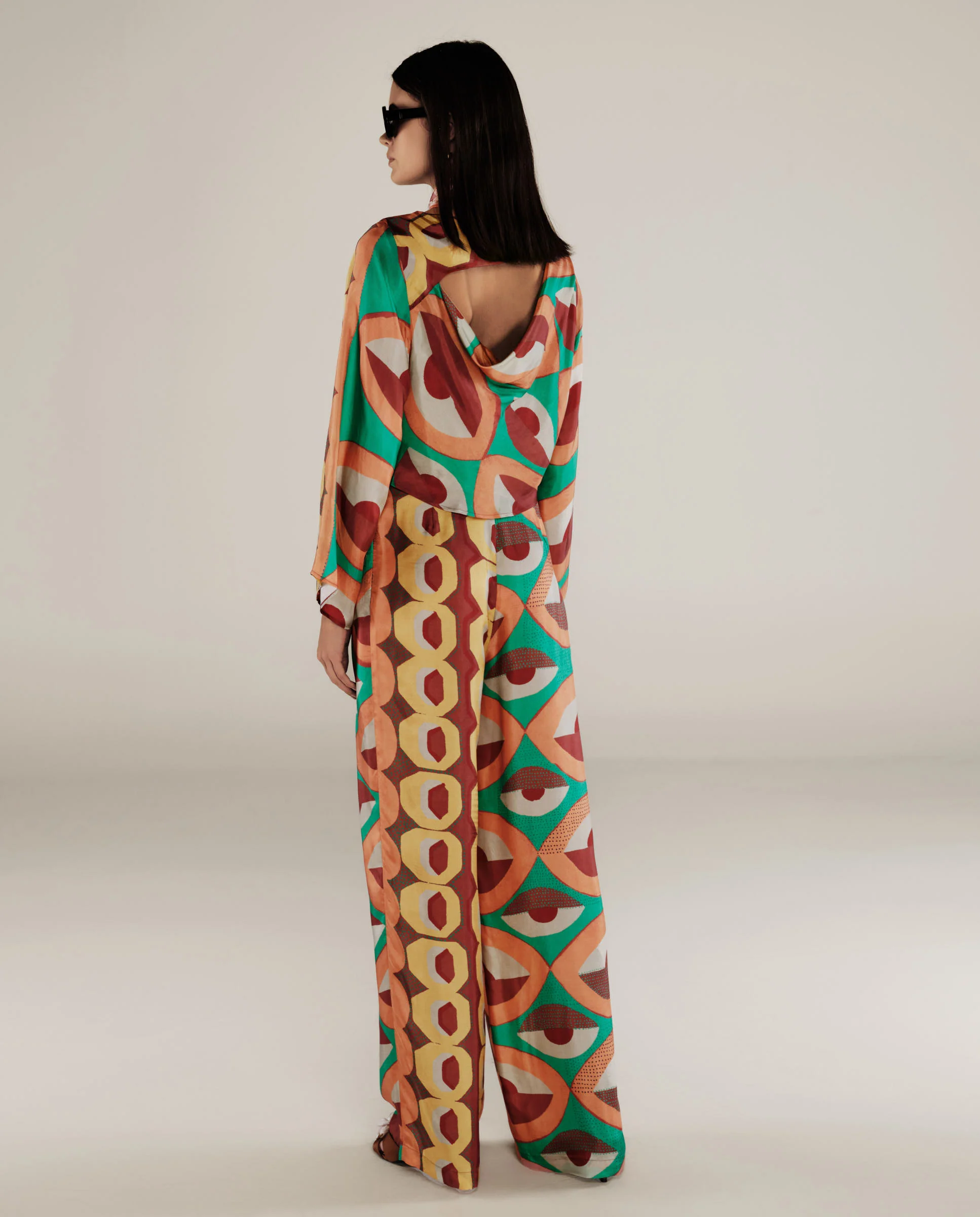 EMBER | Multicoloured Geometric Print Satin Wide Leg Trousers - Image 3