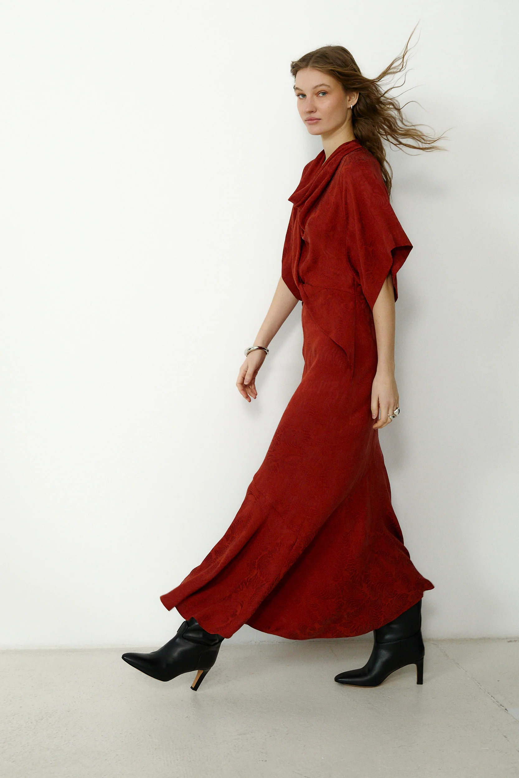 FLAVIANA | Rust Tonal Jacquard Dress - Image 3