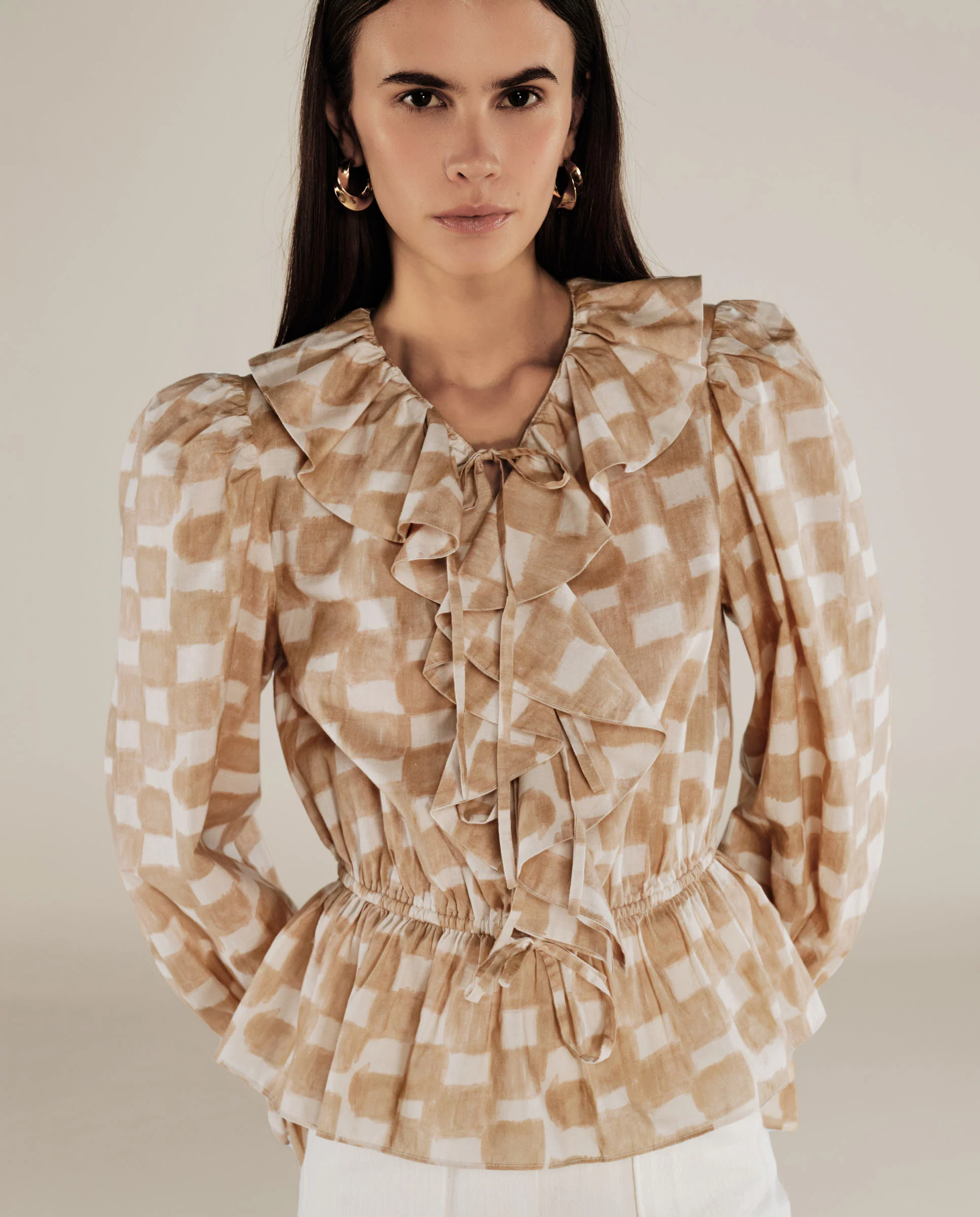 GURNOOR | Soft Brown Check Ruffle Cotton Blouse - Image 2