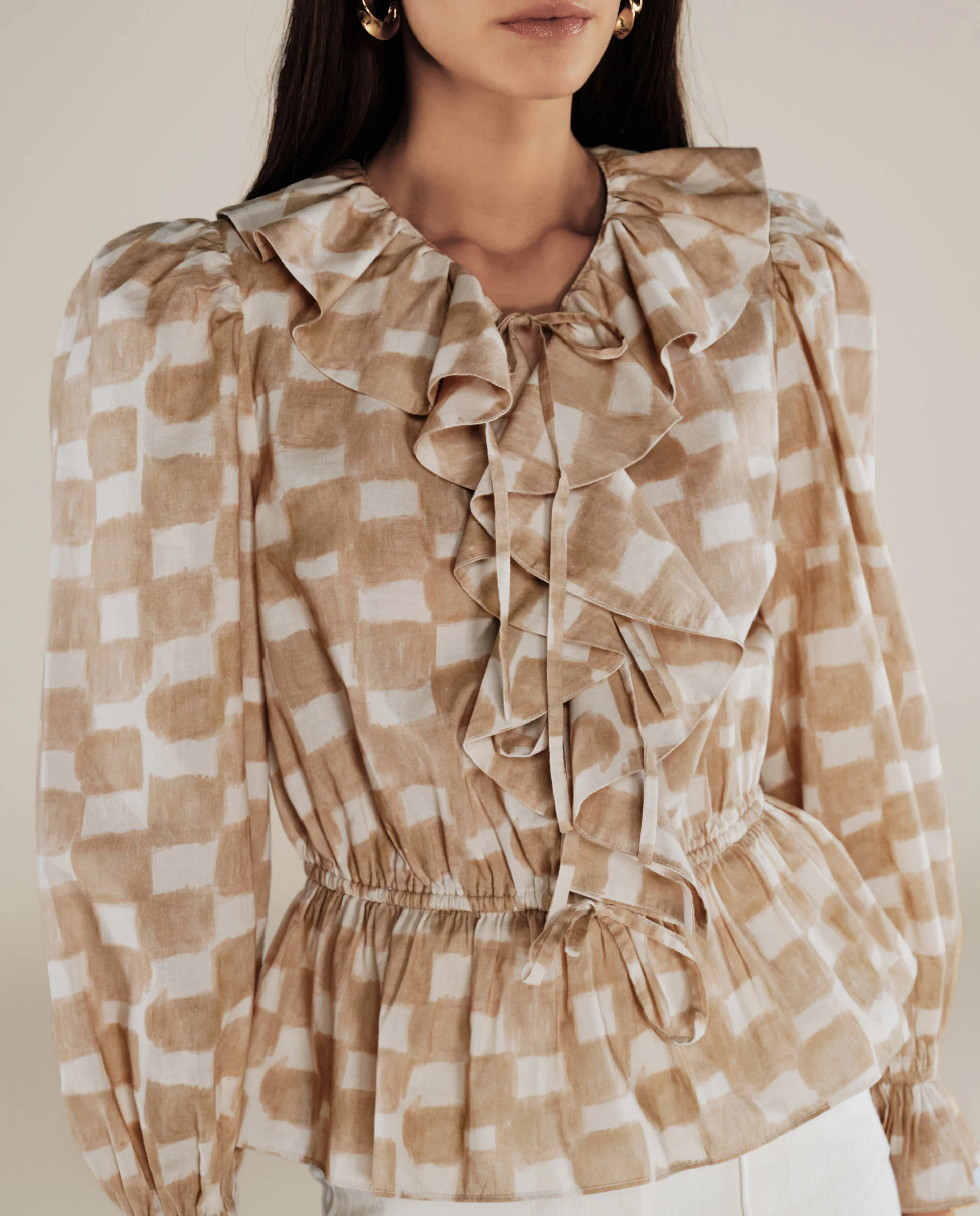 GURNOOR | Soft Brown Check Ruffle Cotton Blouse - Image 3