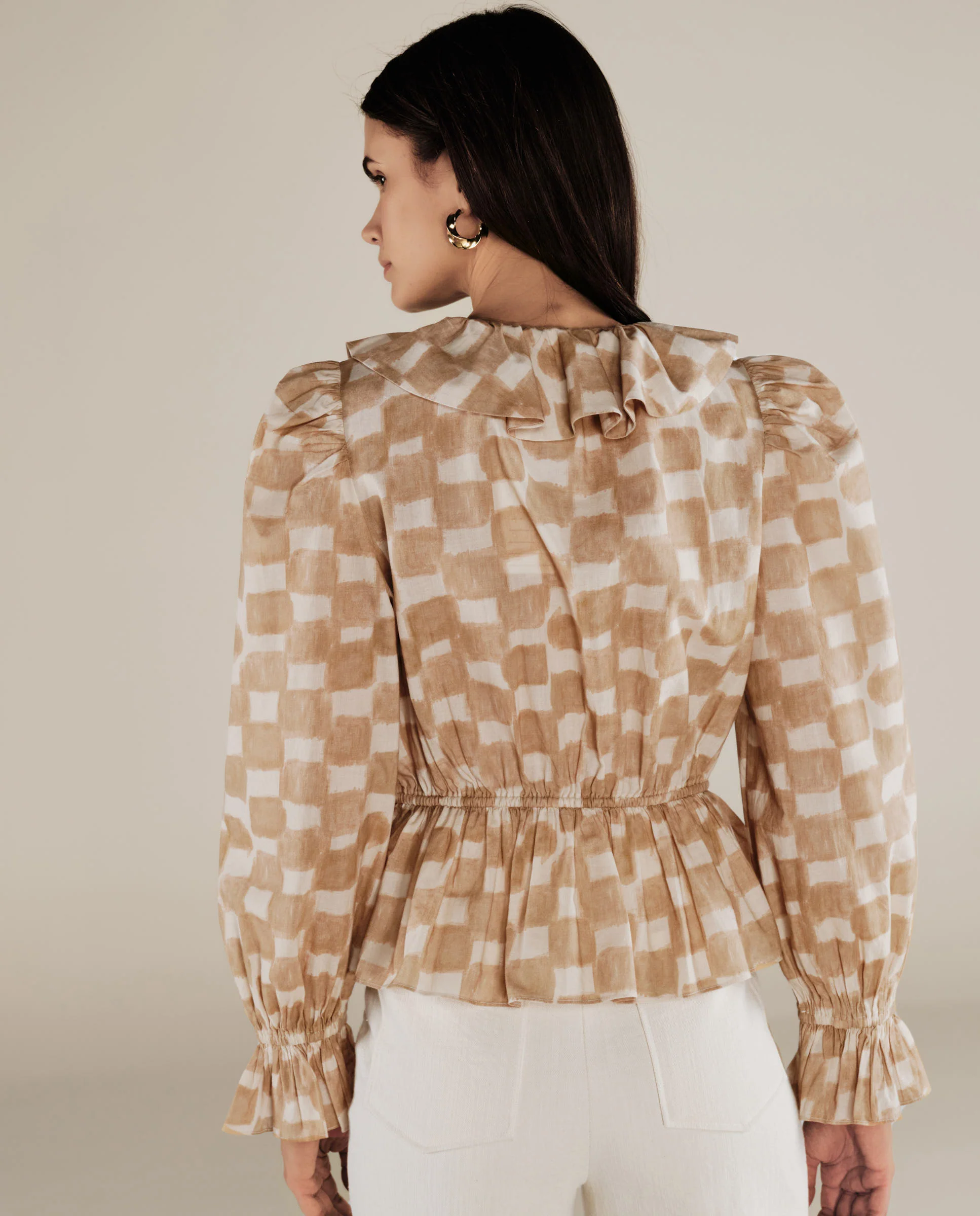 GURNOOR | Soft Brown Check Ruffle Cotton Blouse - Image 4