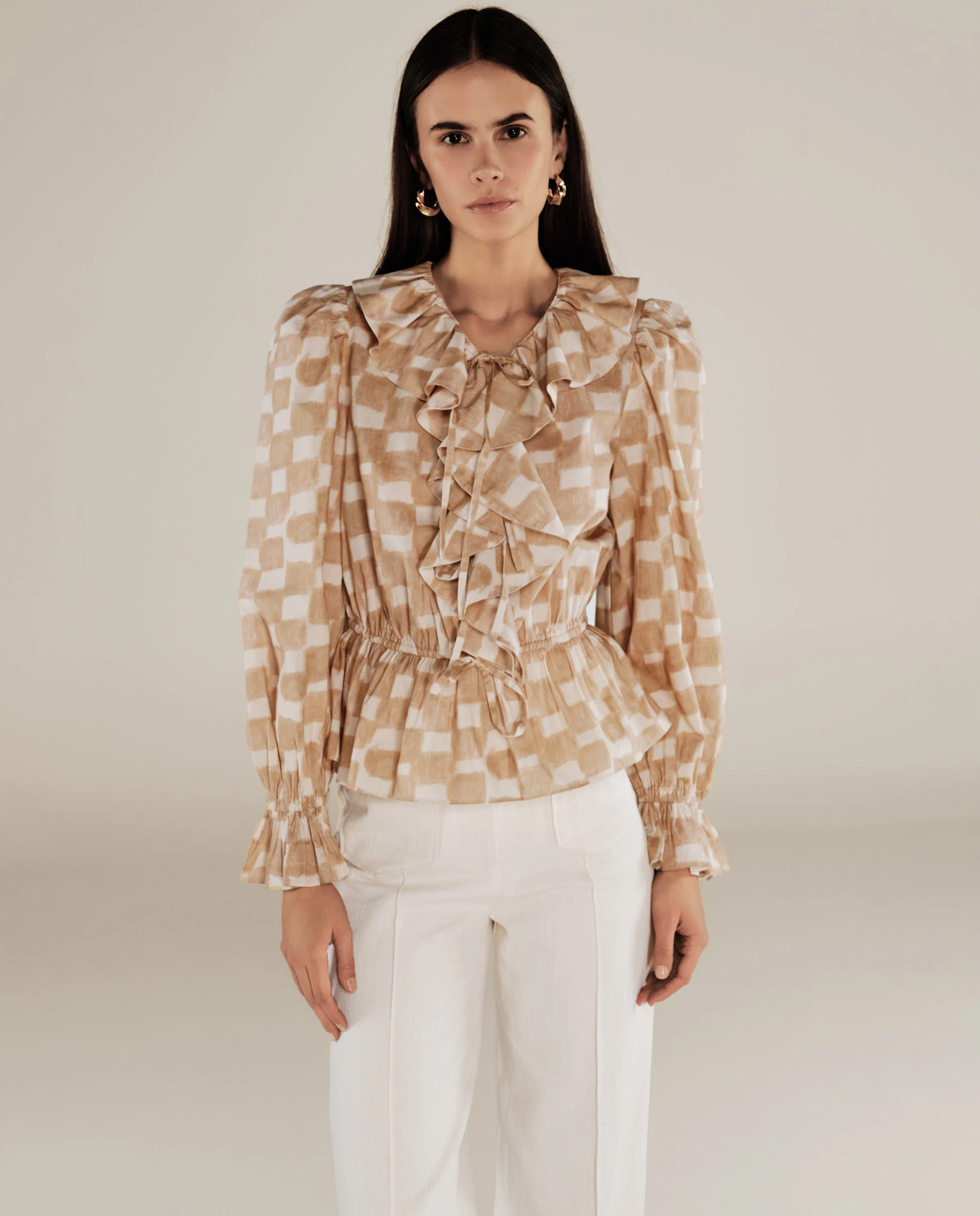 GURNOOR | Soft Brown Check Ruffle Cotton Blouse - Image 5