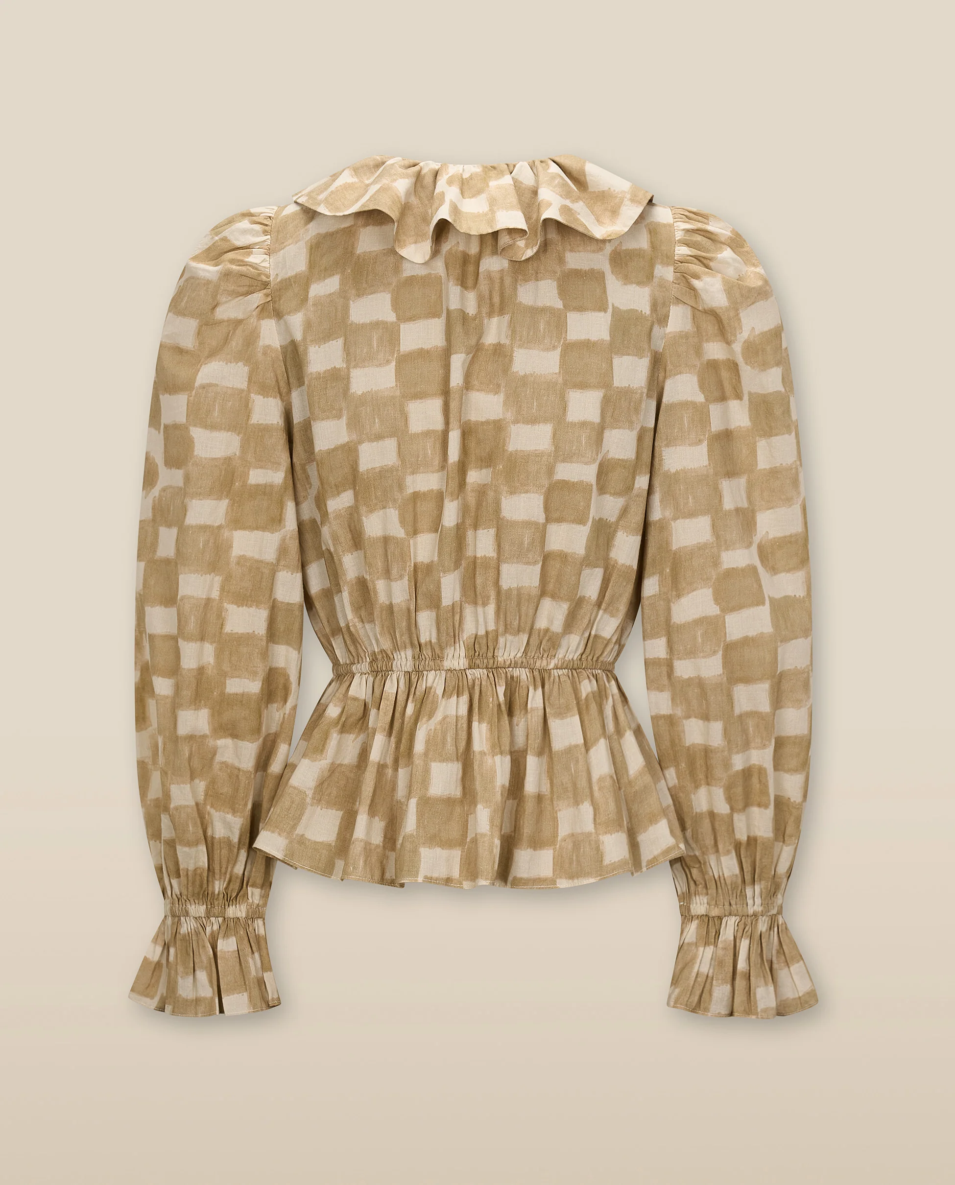 GURNOOR | Soft Brown Check Ruffle Cotton Blouse - Image 6