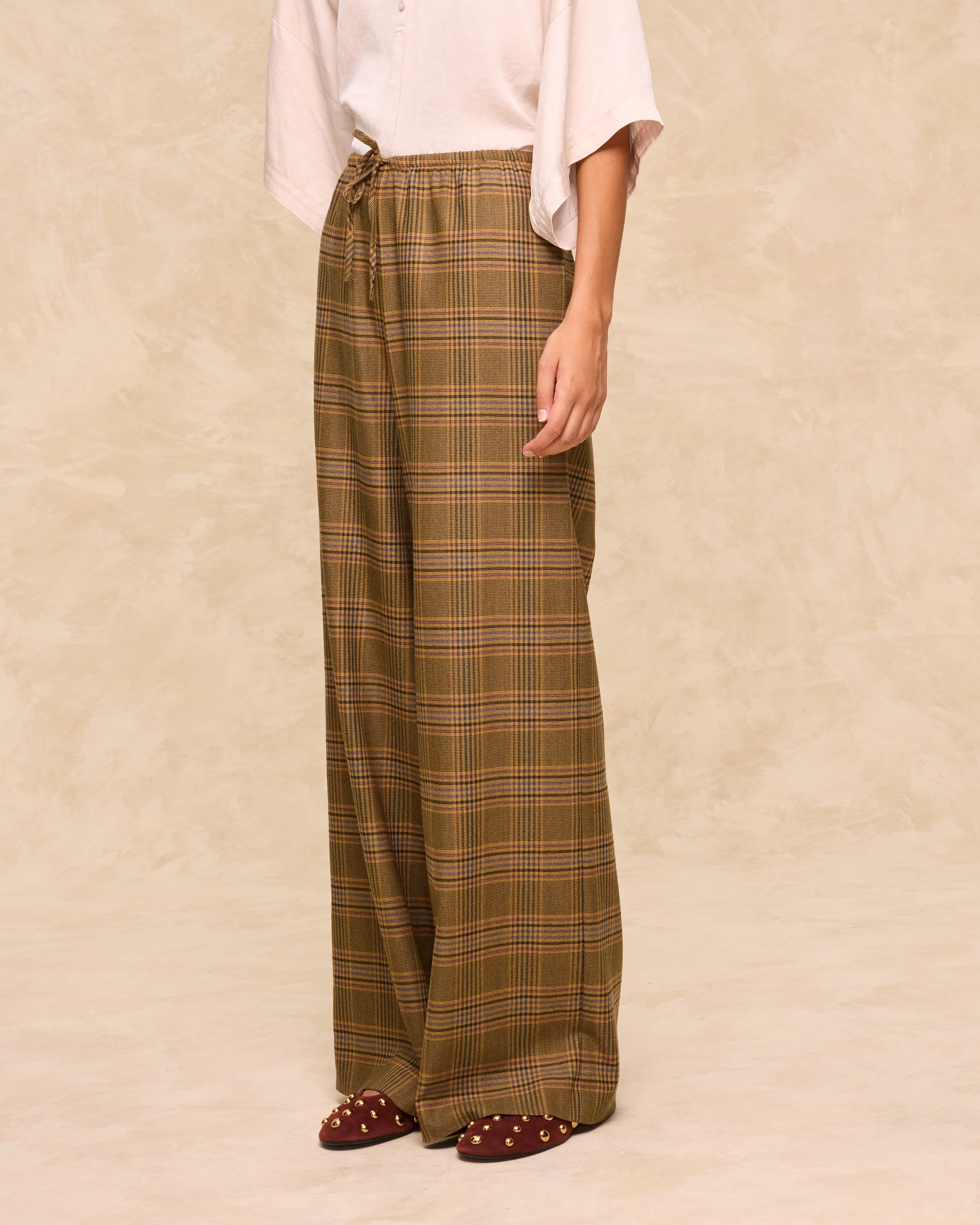 HENRY | Mustard Check Wide-Leg Trousers - Image 2
