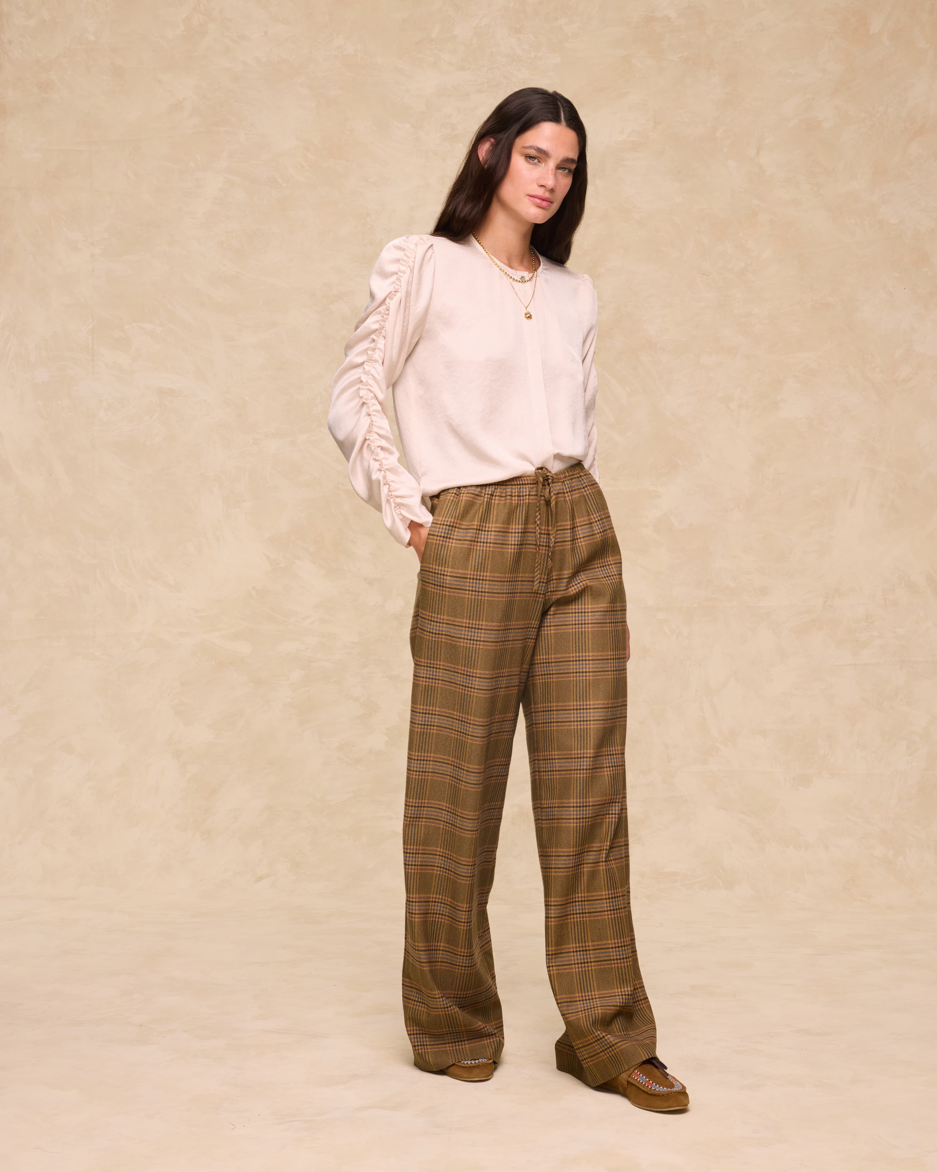 HENRY | Mustard Check Wide-Leg Trousers - Image 4