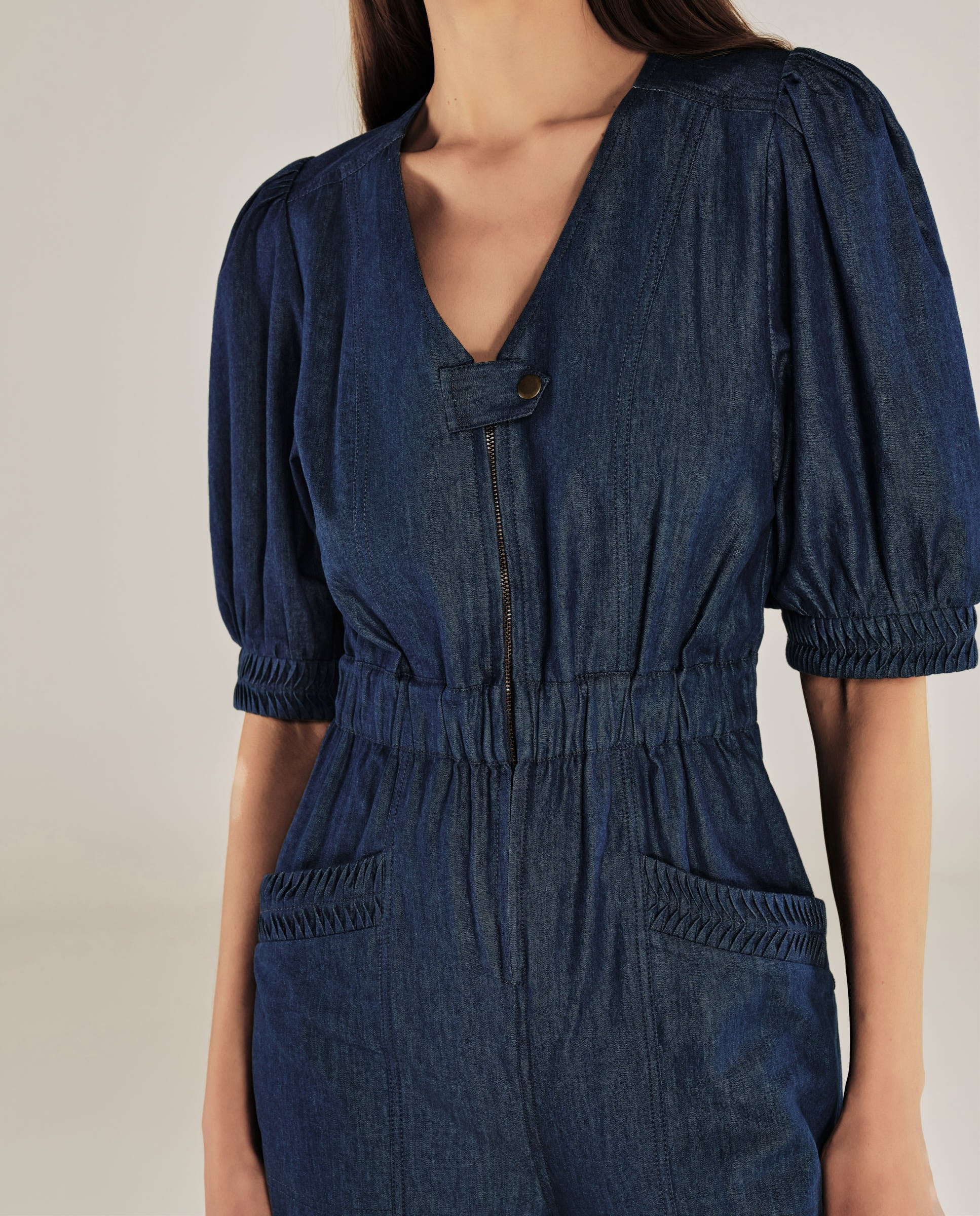 JANAT | Denim Blue Pleated Trim Cotton Jumpsuit - Image 3