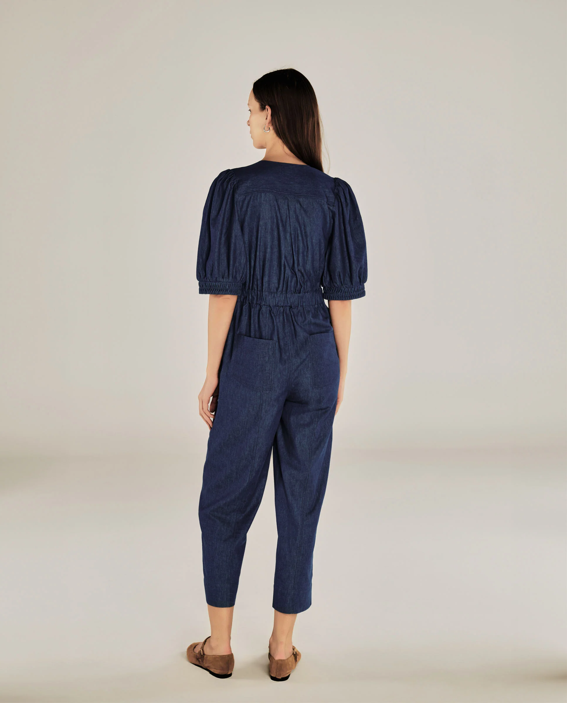 JANAT | Denim Blue Pleated Trim Cotton Jumpsuit - Image 4