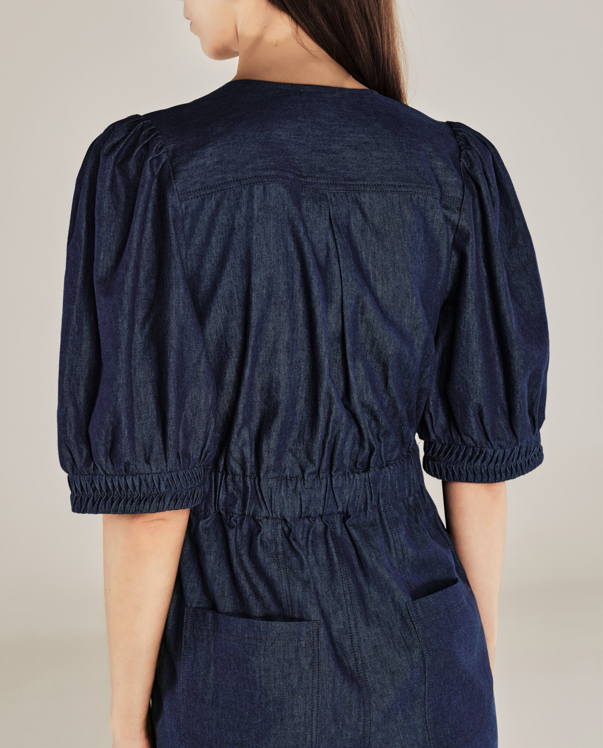 JANAT | Denim Blue Pleated Trim Cotton Jumpsuit - Image 5