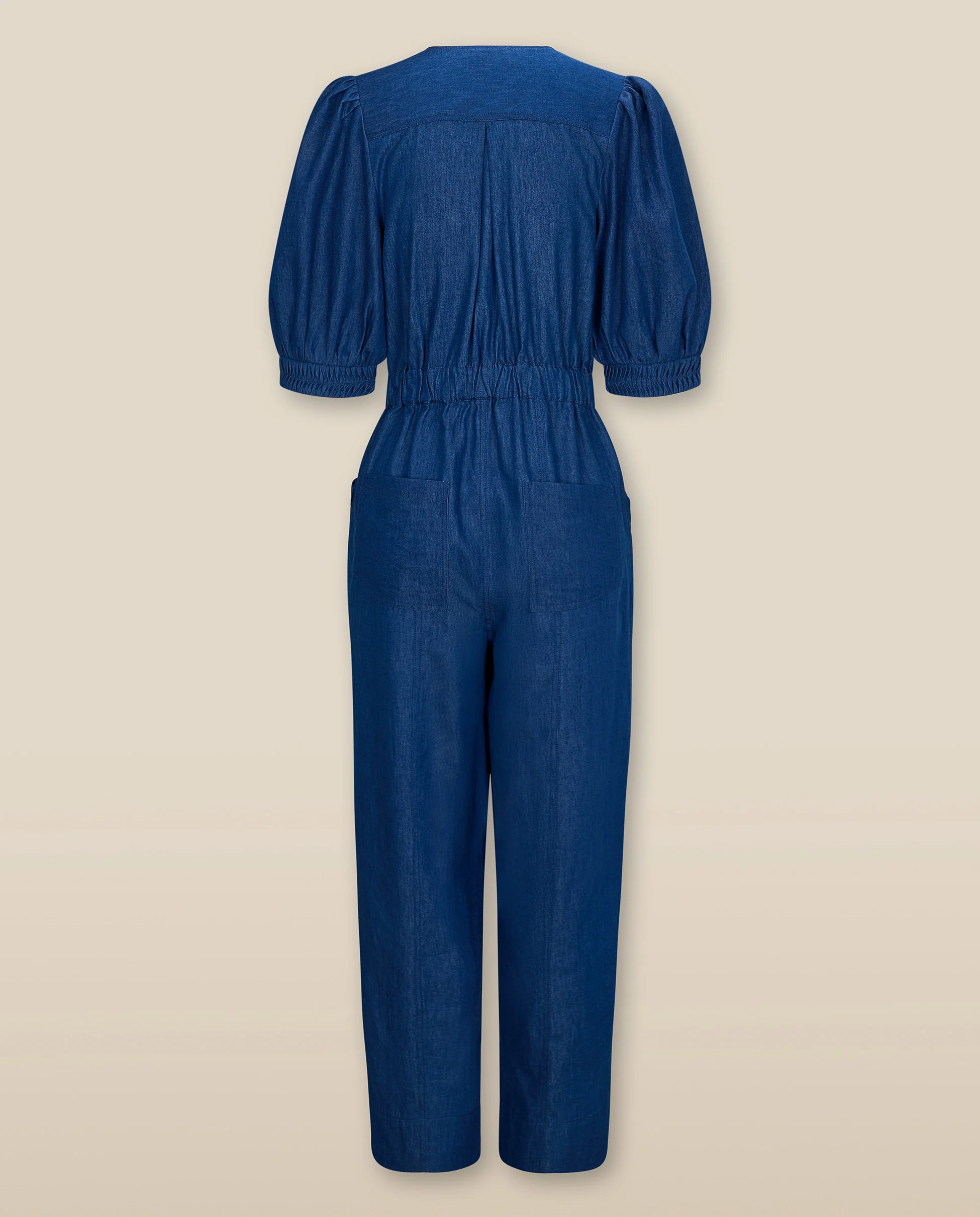 JANAT | Denim Blue Pleated Trim Cotton Jumpsuit - Image 6