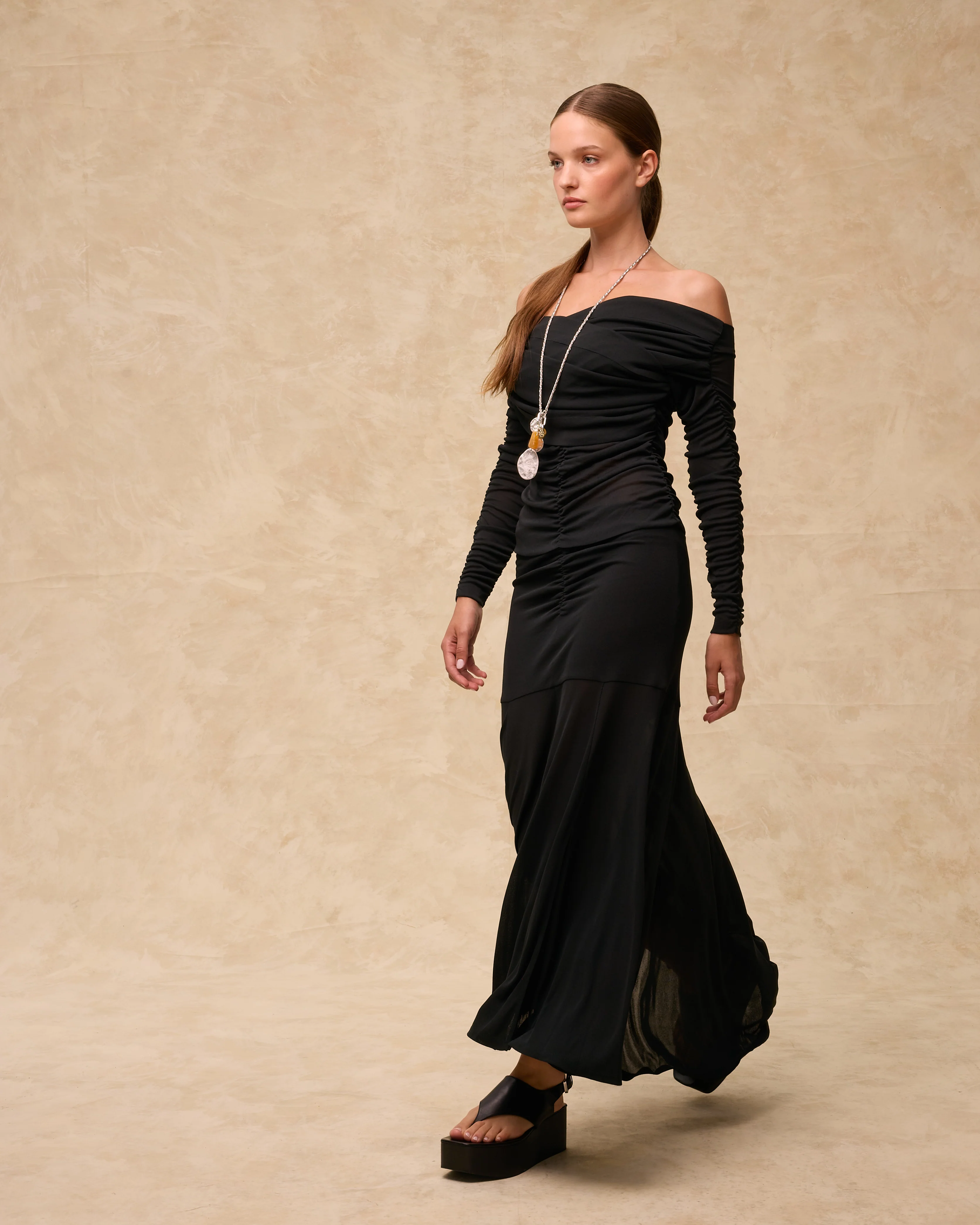 JANE | Black Draped Jersey Off-Shoulder Top - Image 2