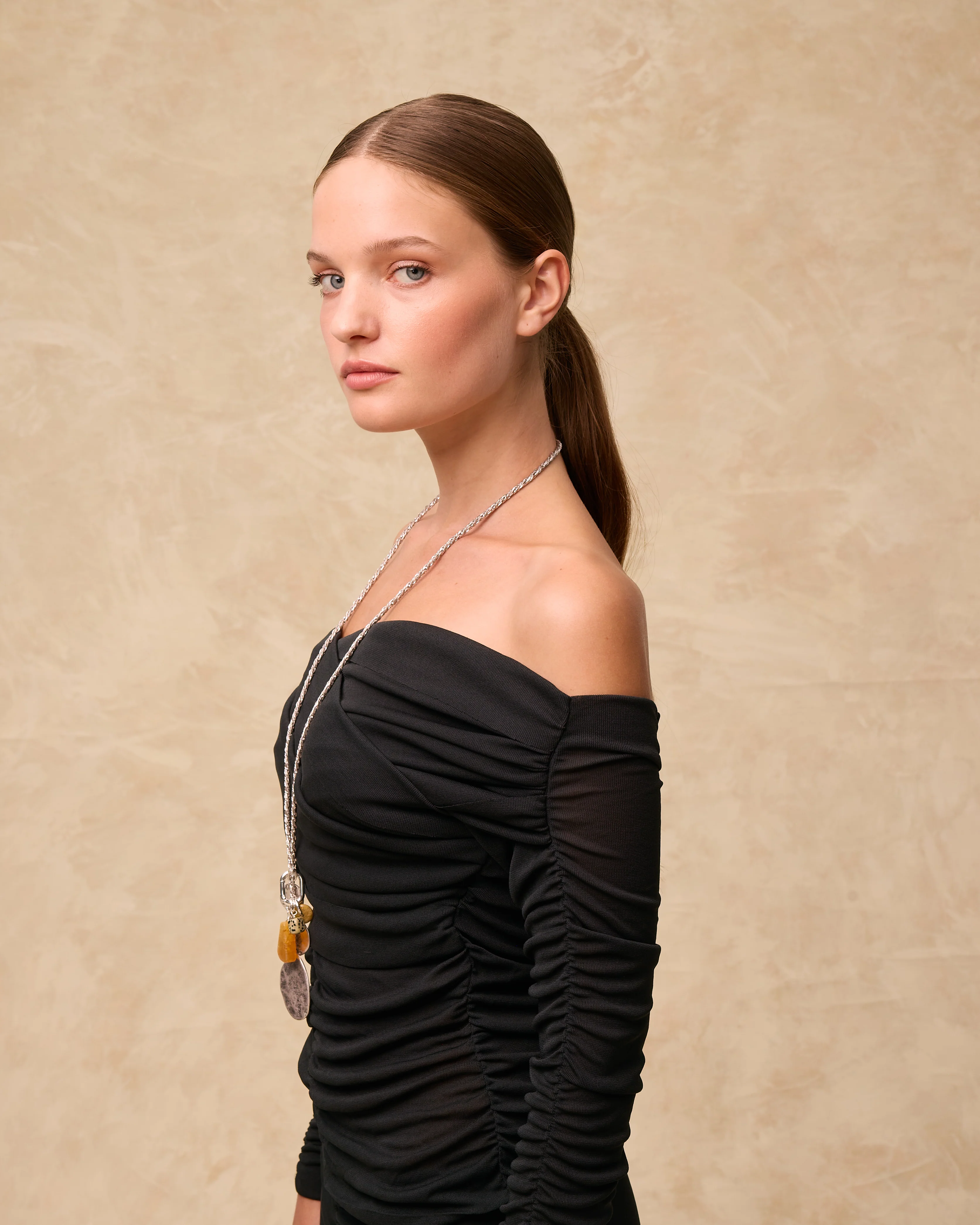 JANE | Black Draped Jersey Off-Shoulder Top - Image 4