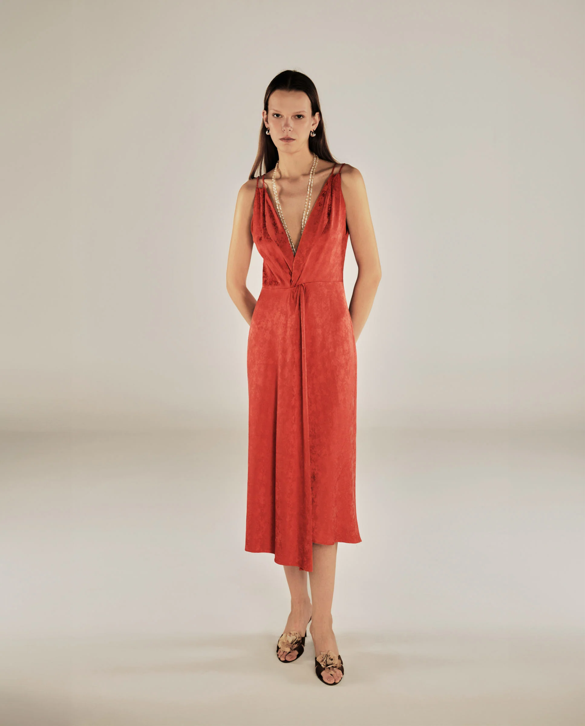 LATINA | Red Jacquard Twist Front V-Neck Midi Dress - Image 2