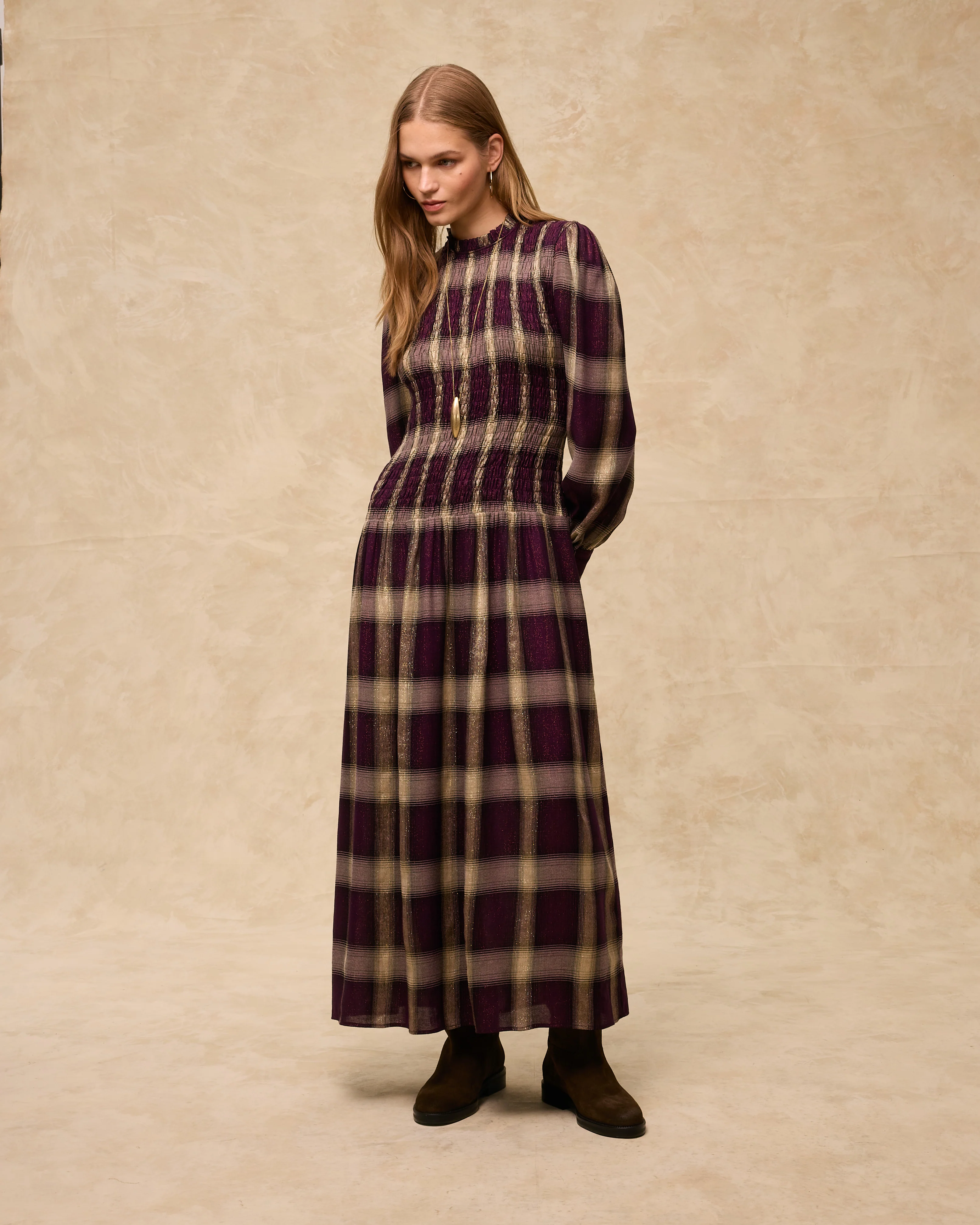 LEONOR | Aubergine Check Smocked Midi Dress - Image 2