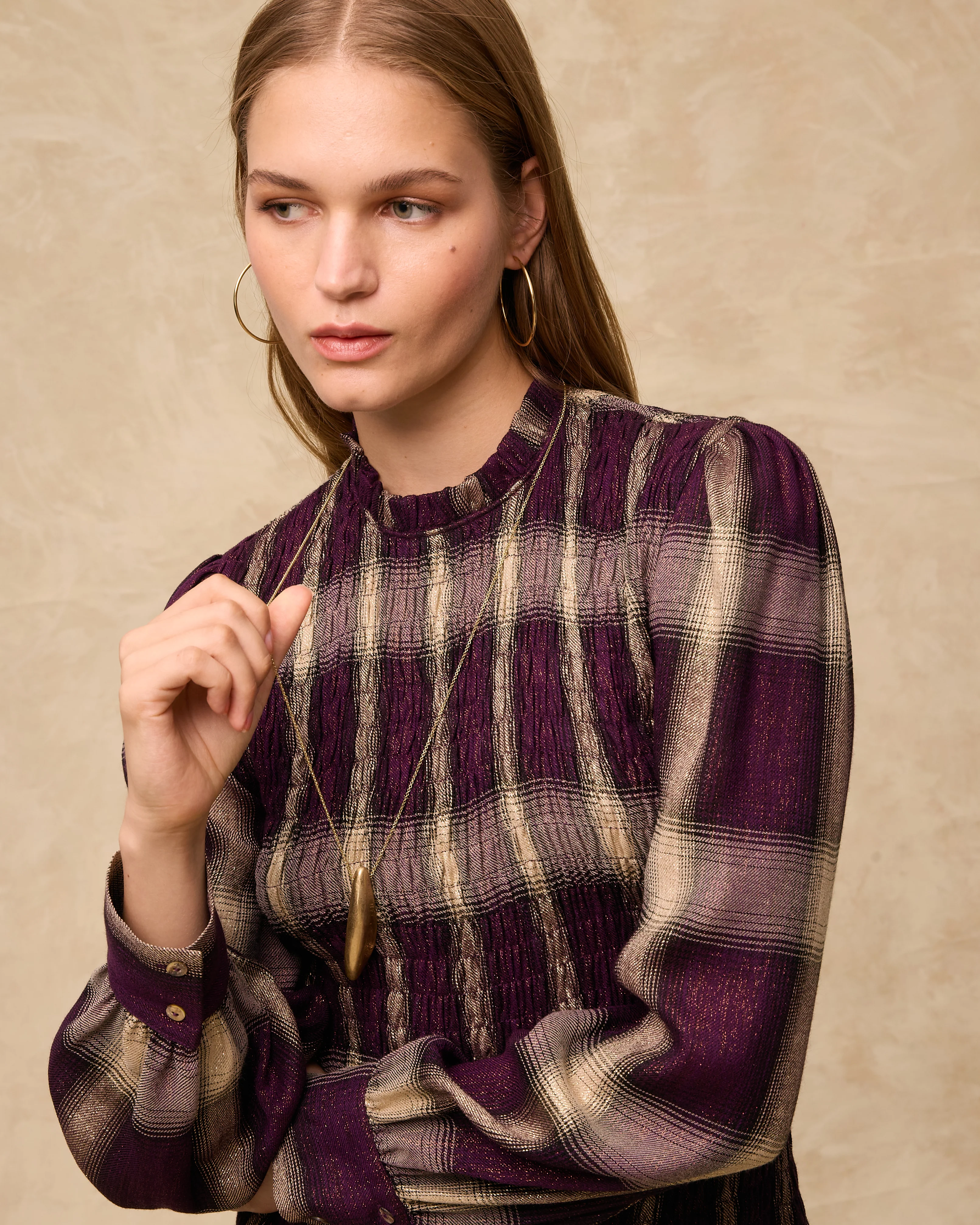 LEONOR | Aubergine Check Smocked Midi Dress - Image 3