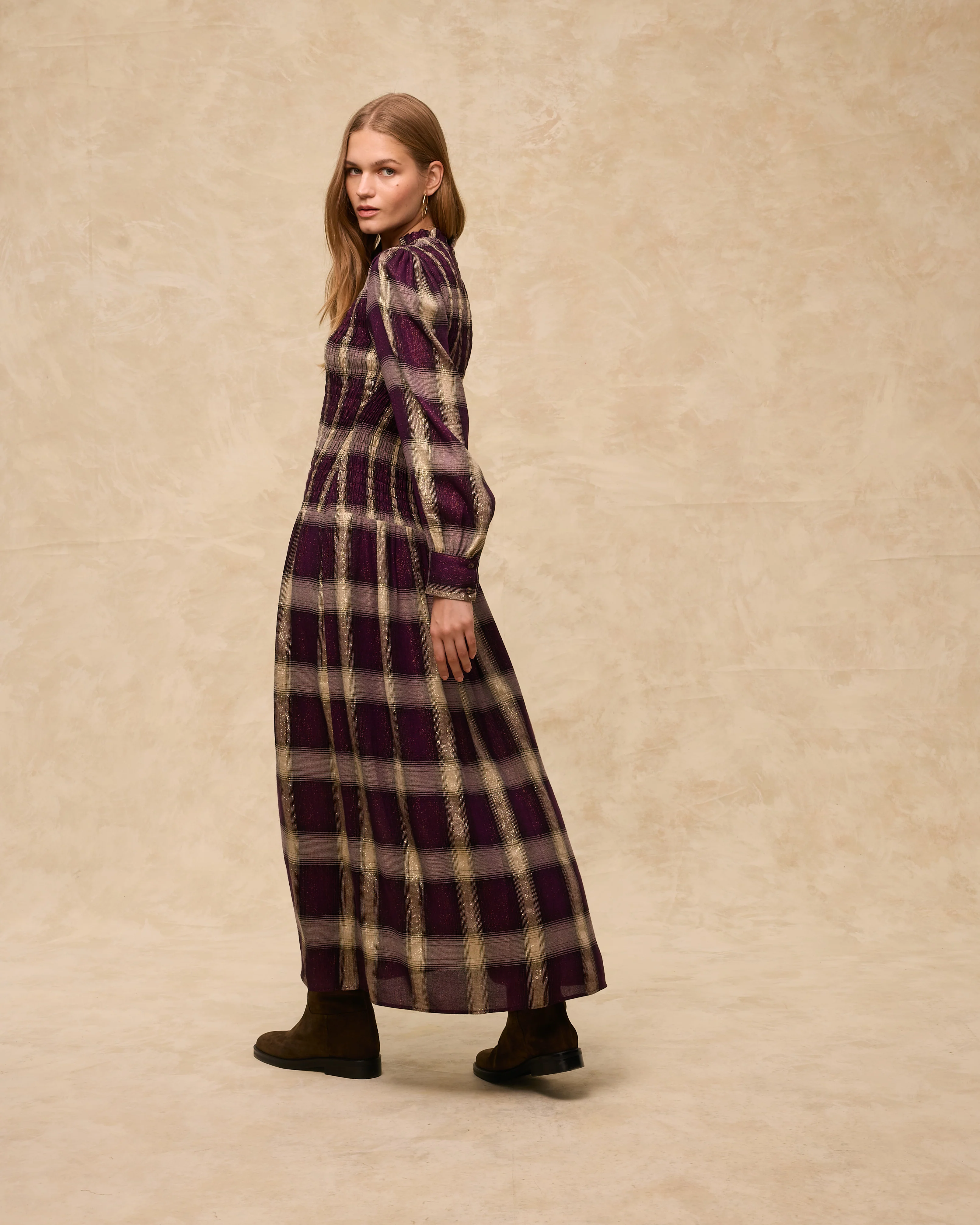 LEONOR | Aubergine Check Smocked Midi Dress - Image 4
