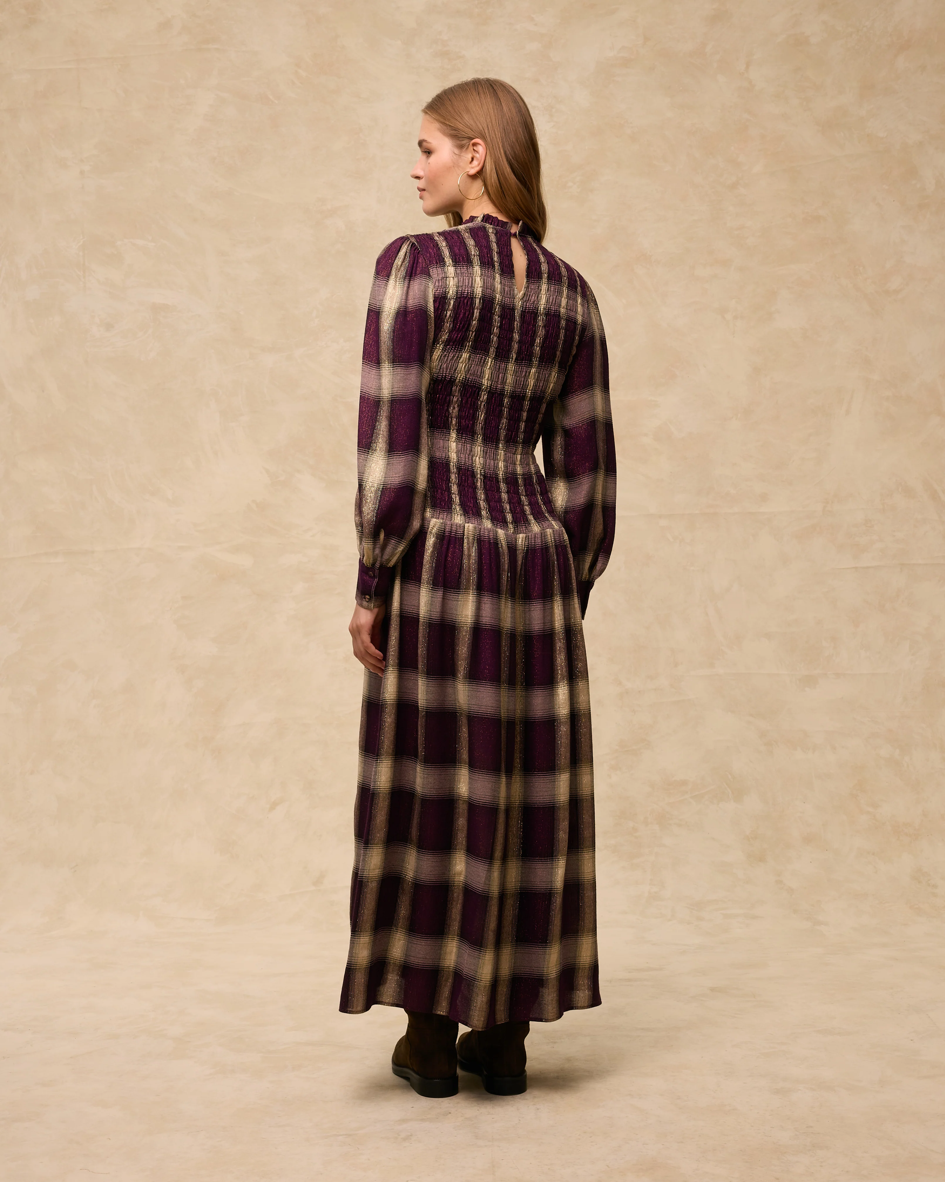 LEONOR | Aubergine Check Smocked Midi Dress - Image 5