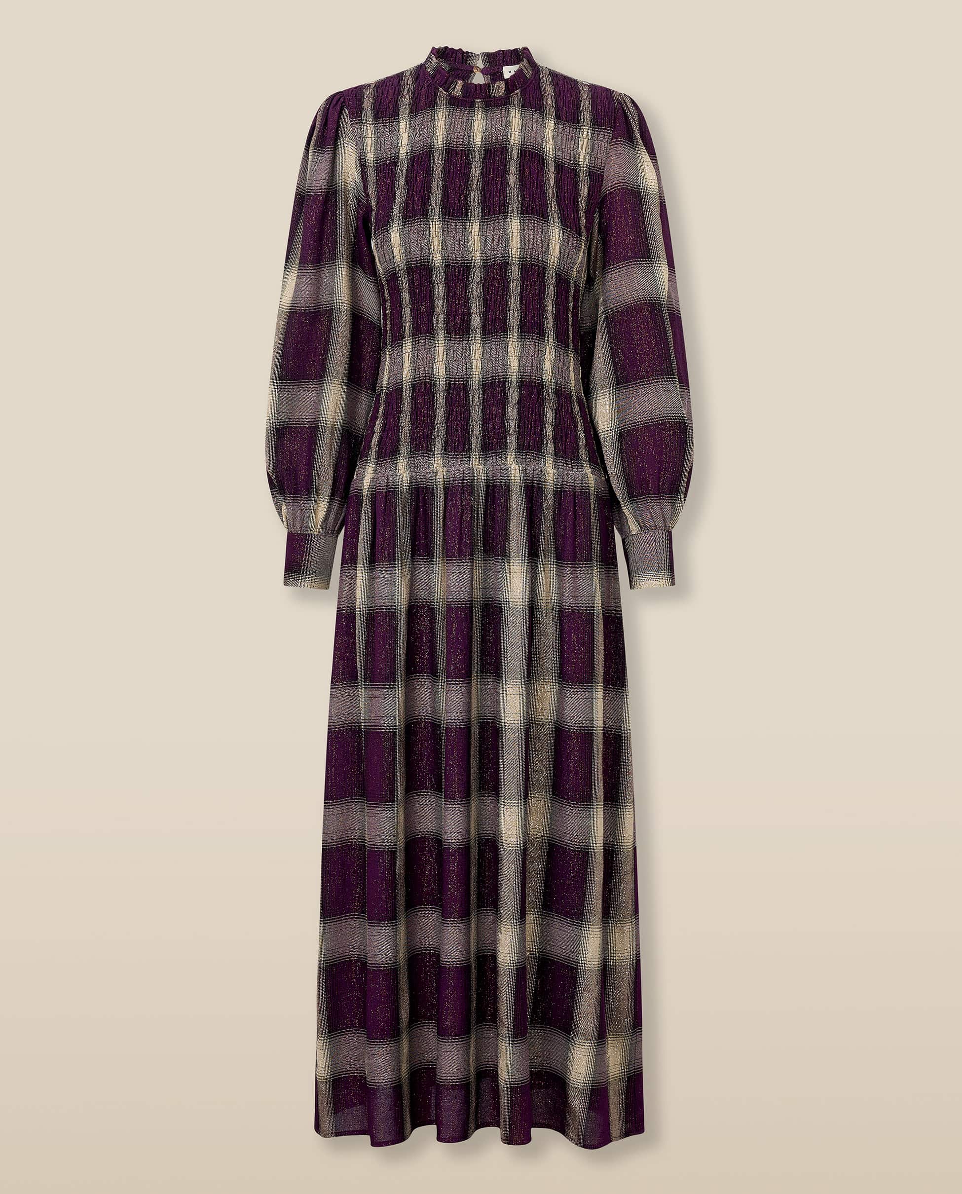 LEONOR | Aubergine Check Smocked Midi Dress - Image 6