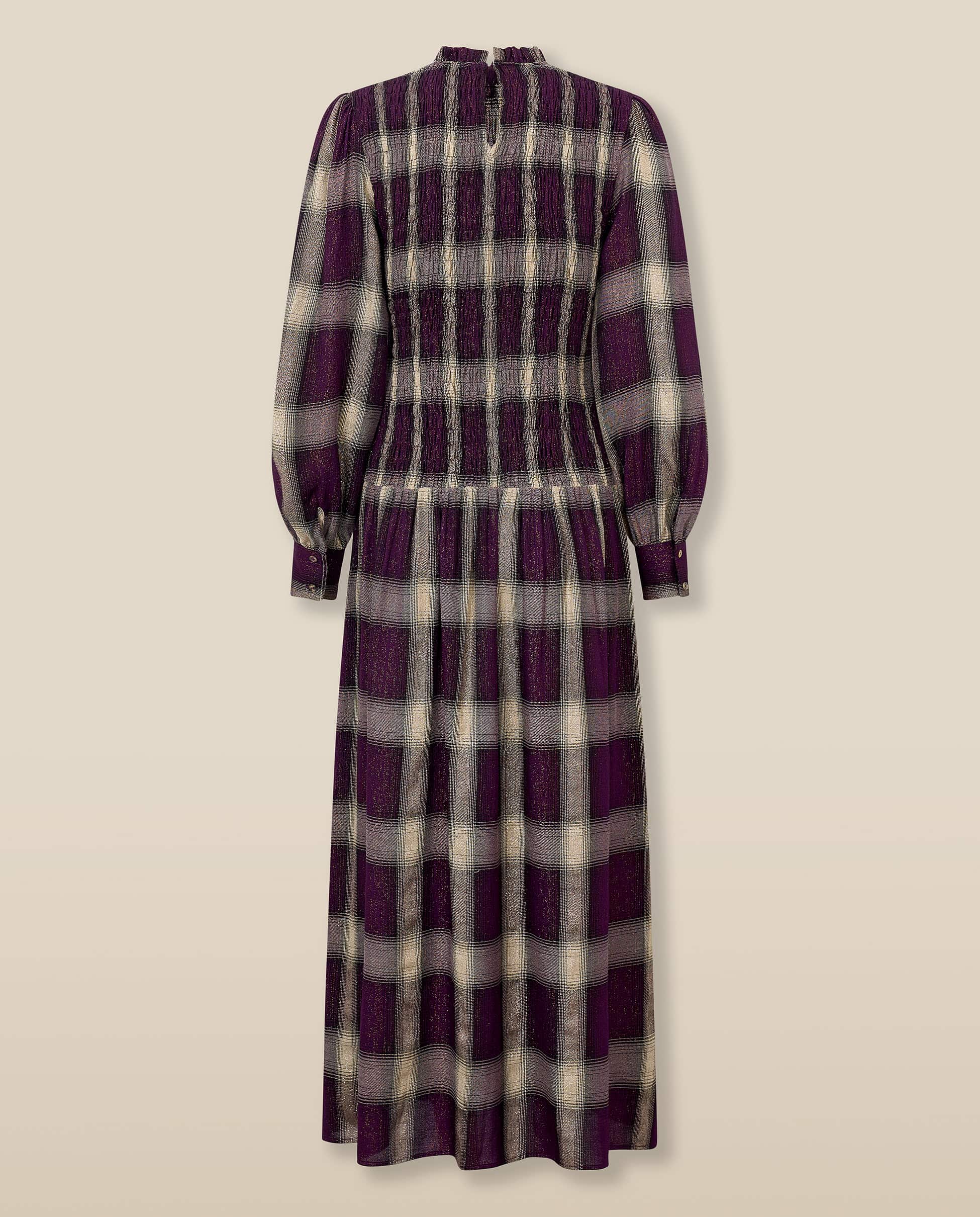 LEONOR | Aubergine Check Smocked Midi Dress - Image 7