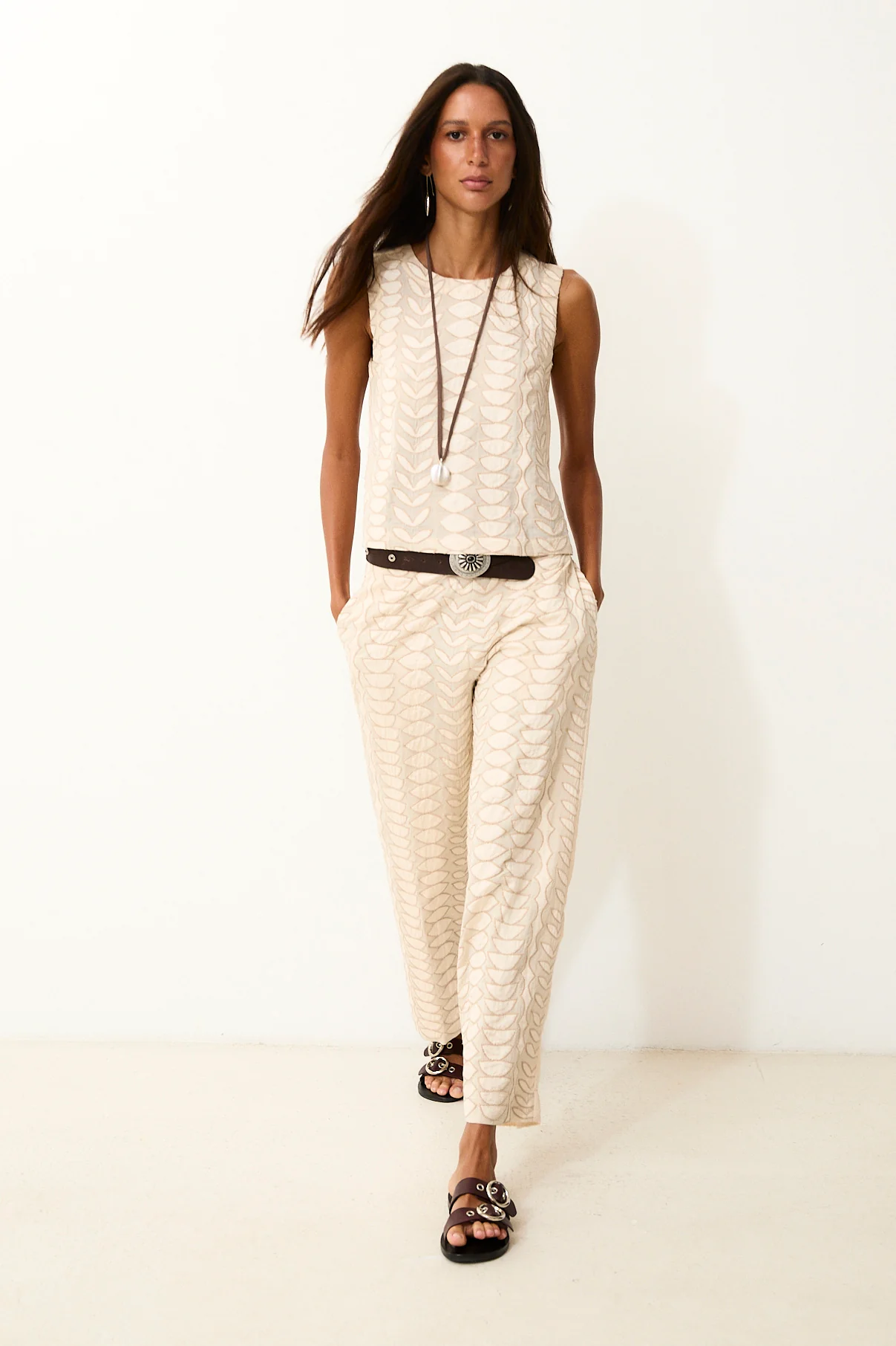 LOUISE | Ecru Cotton Trousers with Hand Embroidery - Image 2