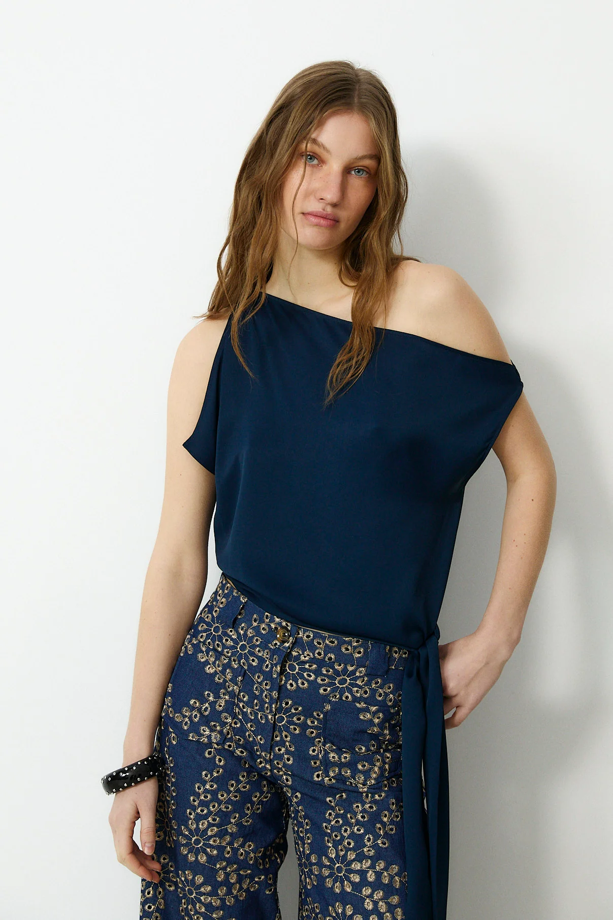 MAKBUSH | Navy Draped Neckline Top - Image 2