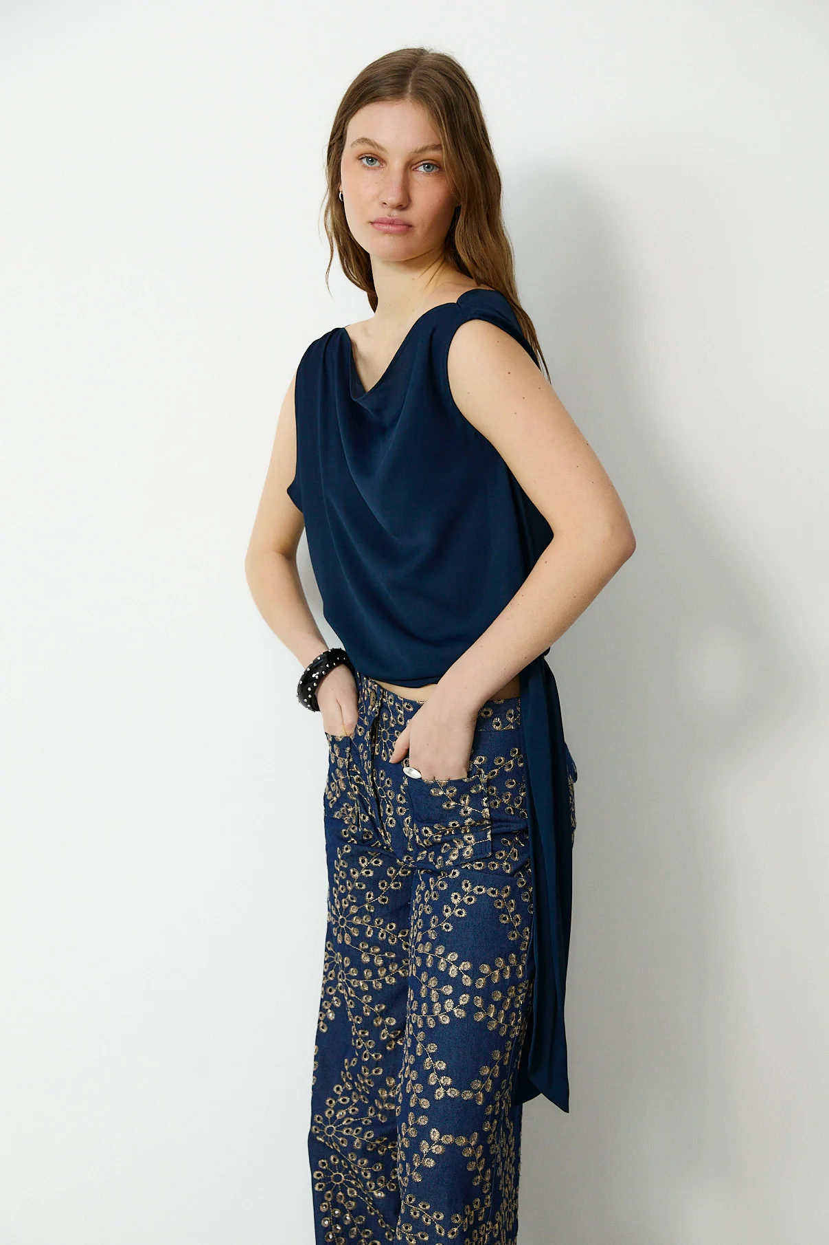 MAKBUSH | Navy Draped Neckline Top - Image 3