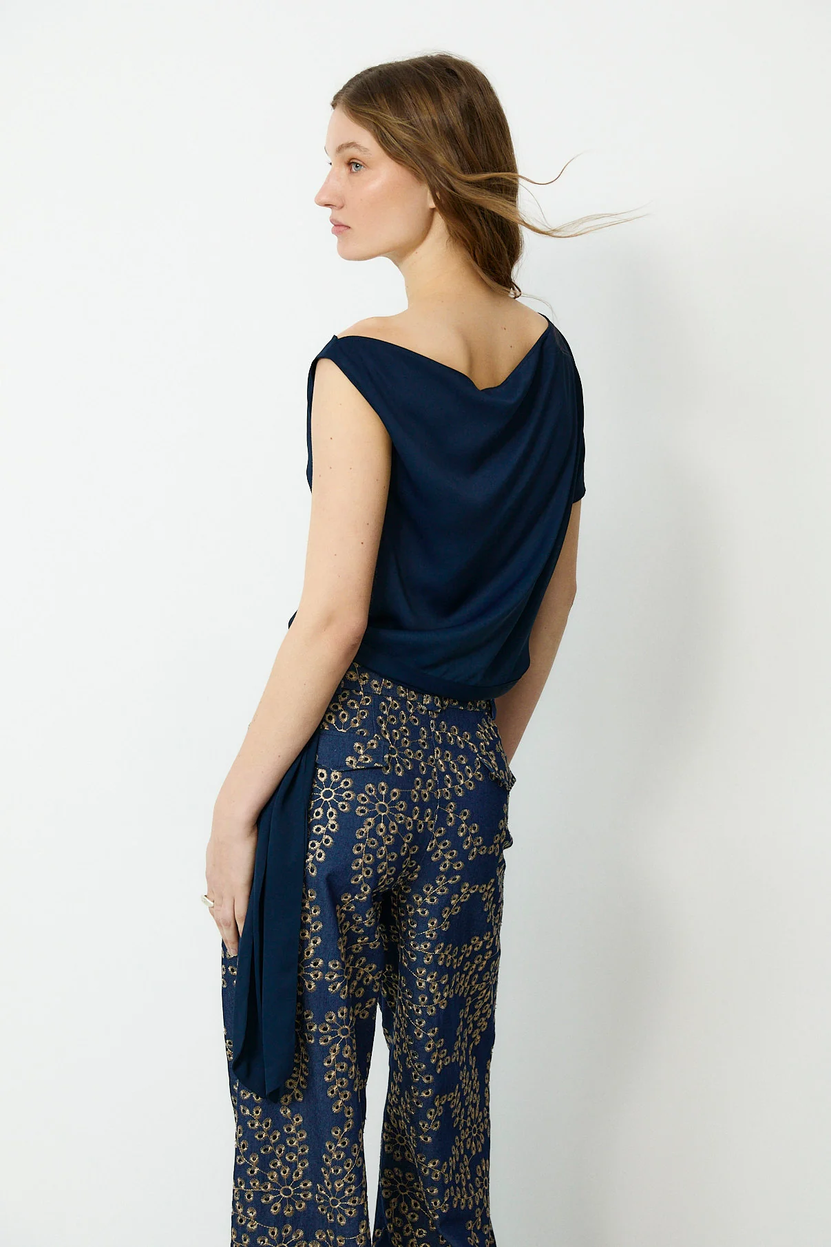 MAKBUSH | Navy Draped Neckline Top - Image 5
