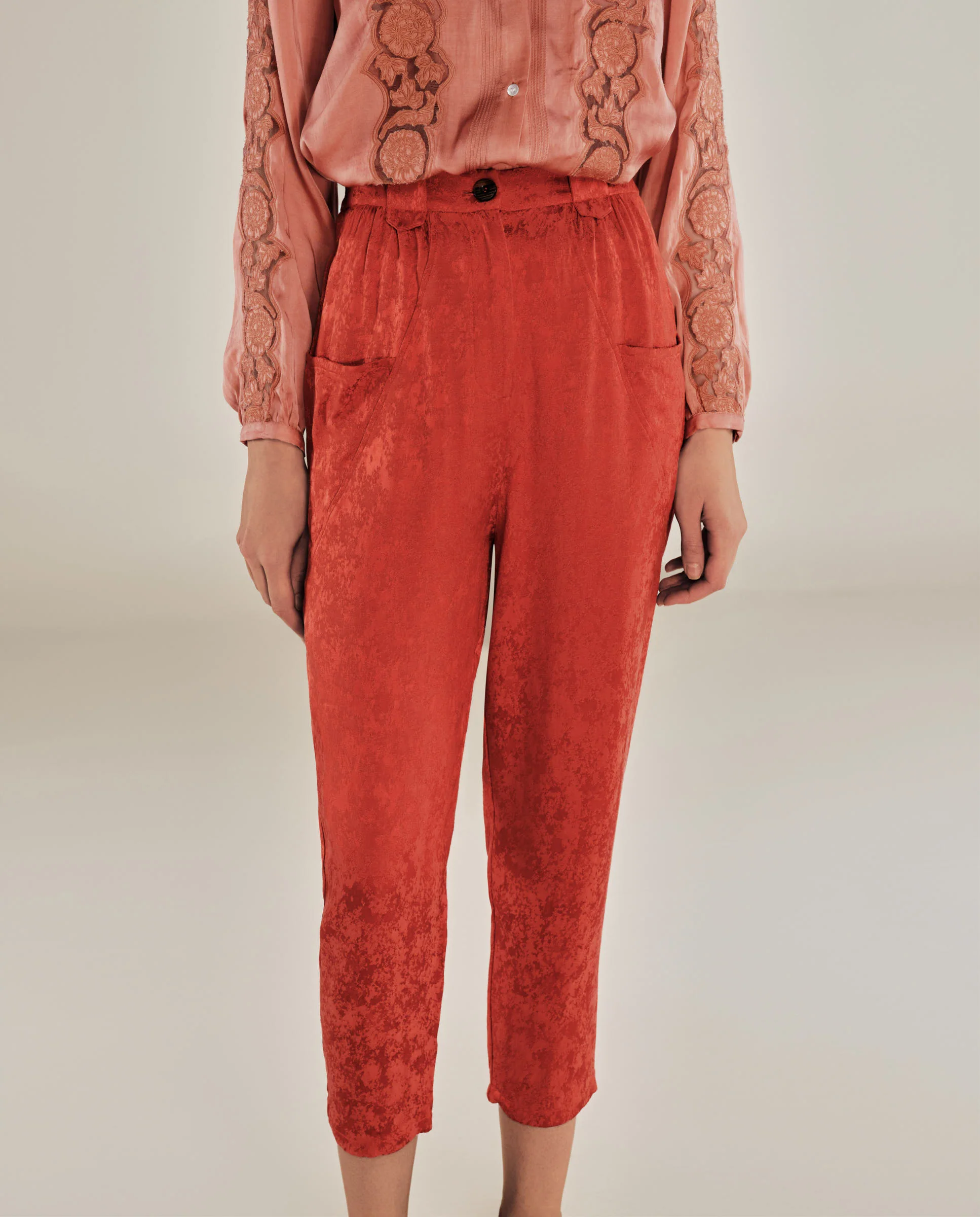 MALAQUITA | Red Jacquard Satin Tapered Trousers - Image 3