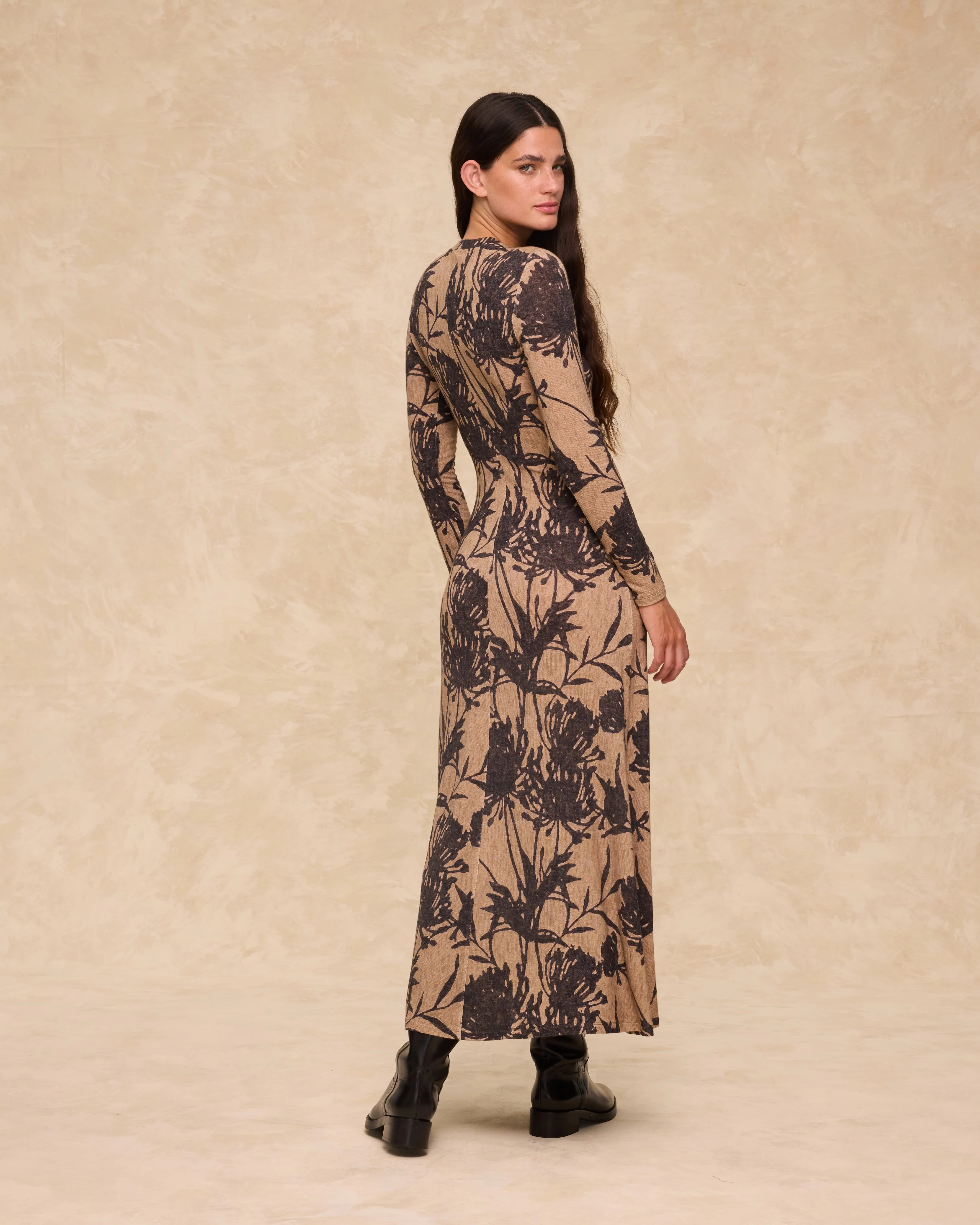 MARISSA | Sand Botanical Print Jersey Dress - Image 4