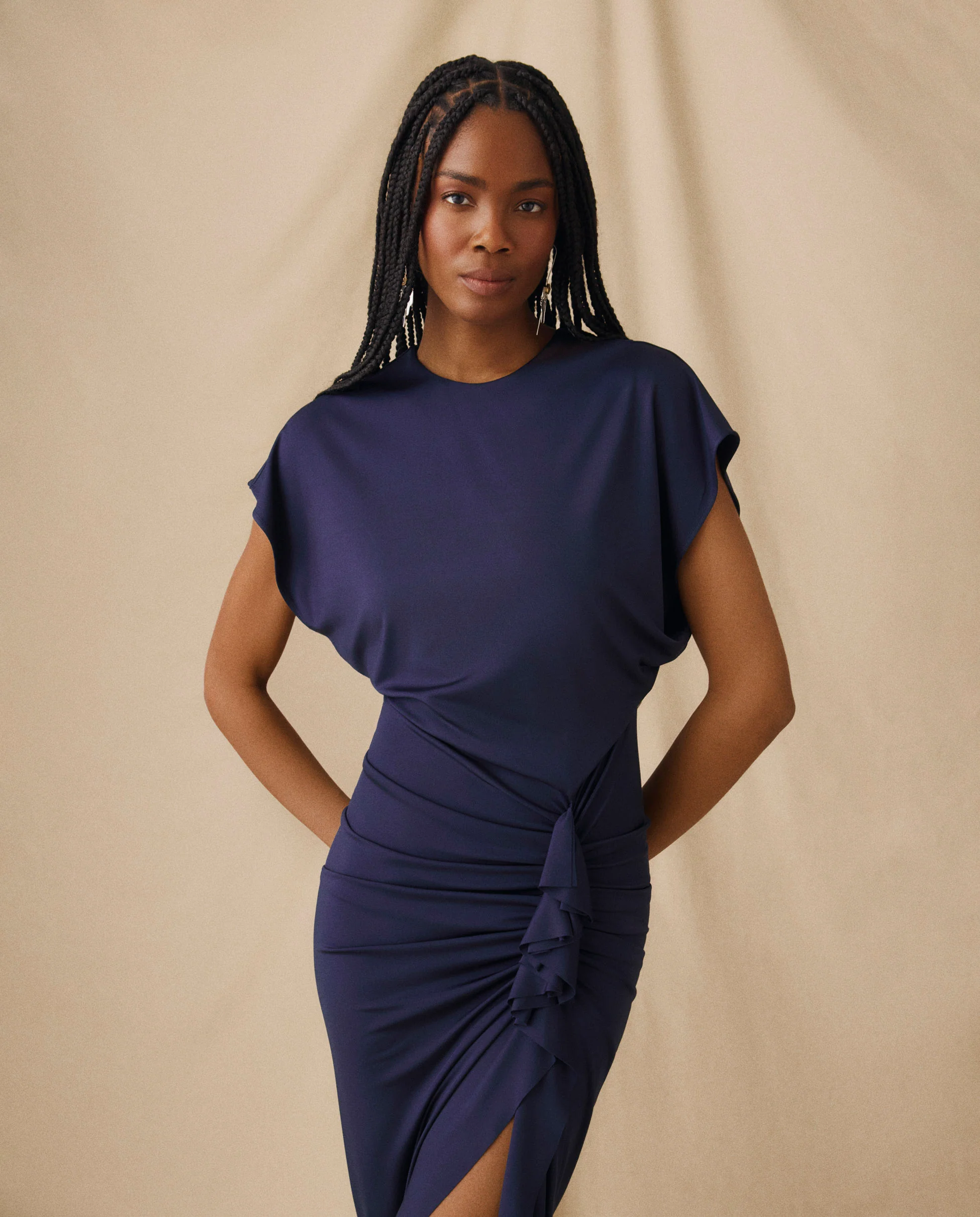 MICHAELA | Navy Draped Midi Dress - Image 2