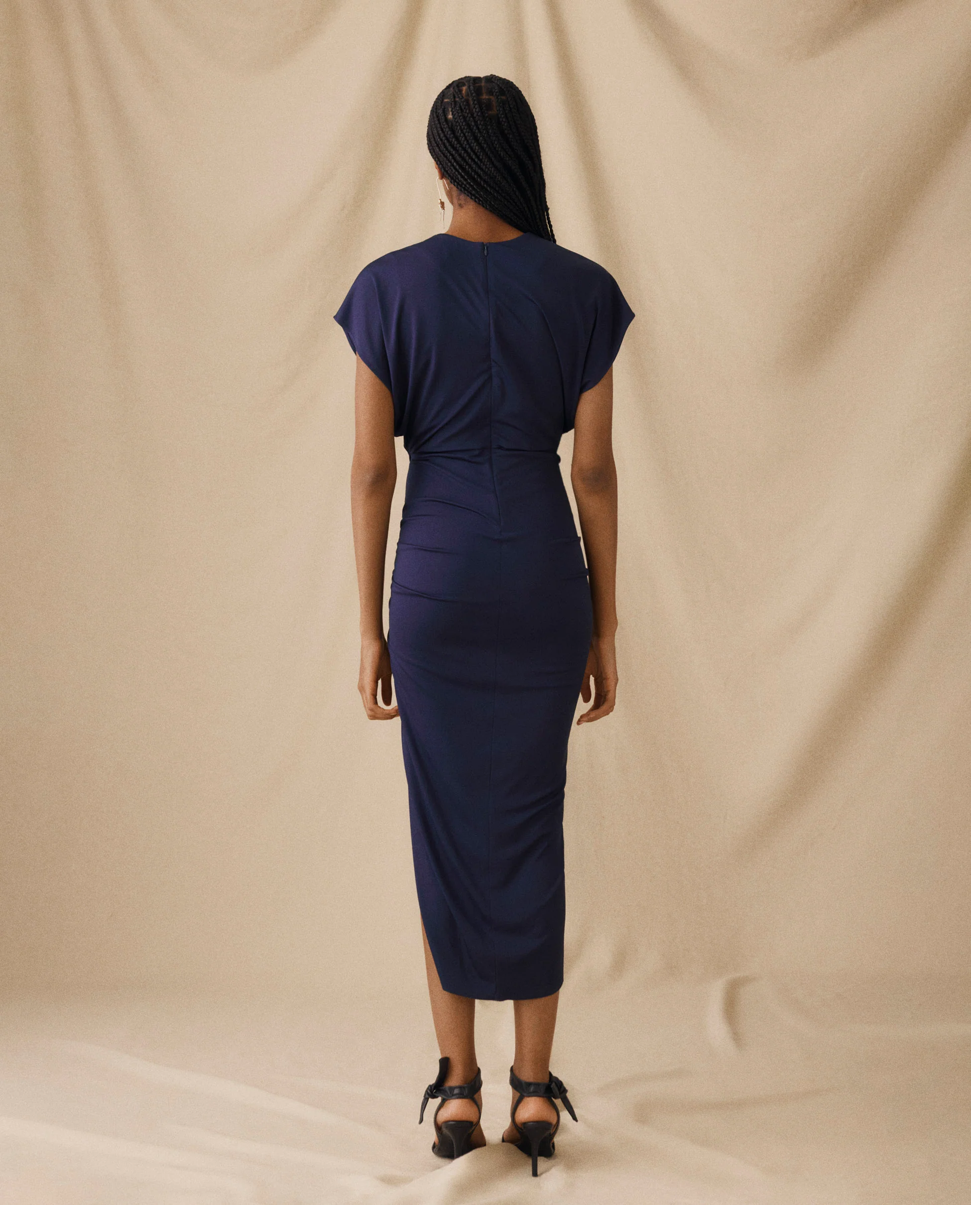 MICHAELA | Navy Draped Midi Dress - Image 4