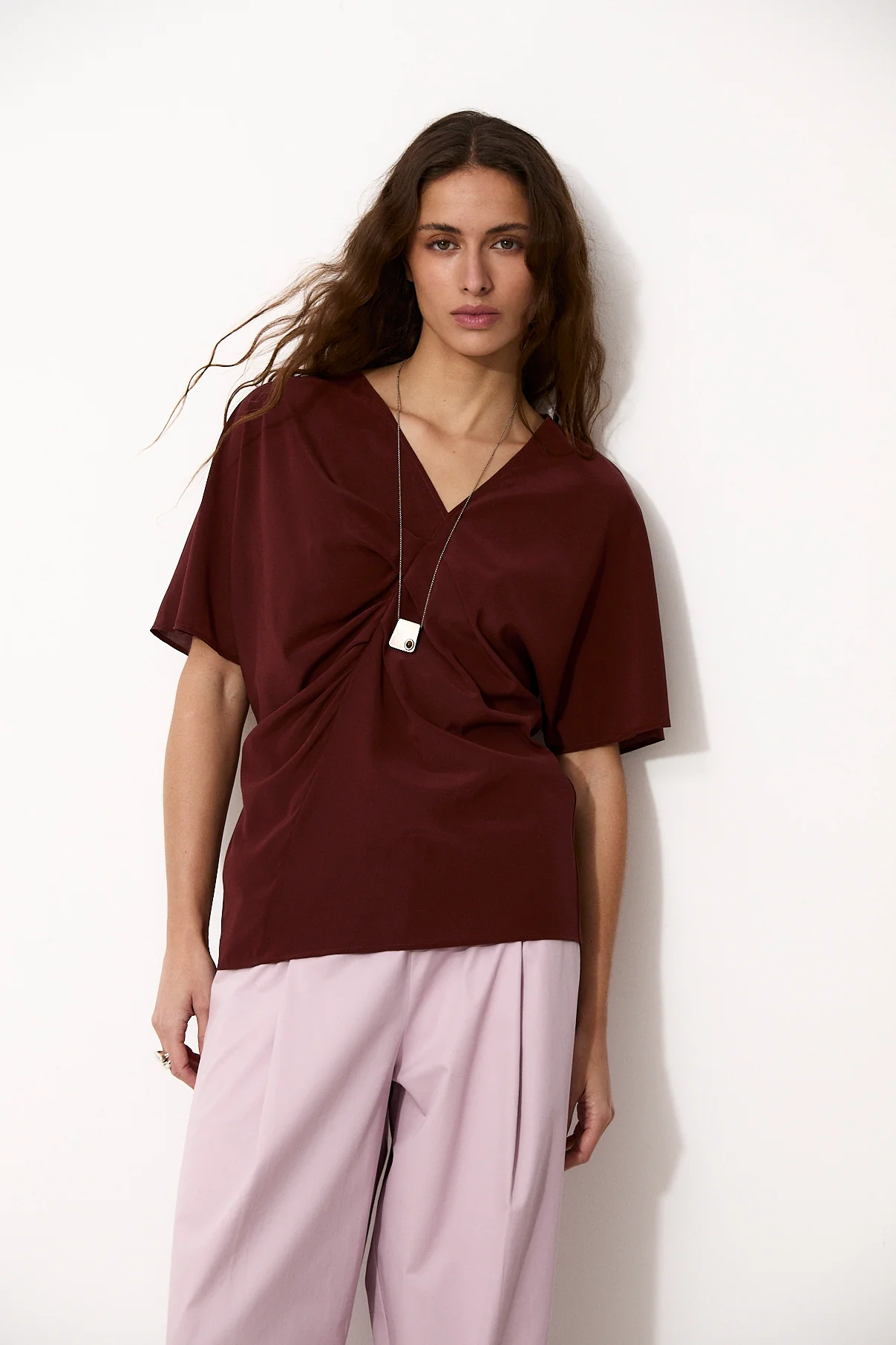 MICHAELA | Natural Silk Brown Draped Top - Image 2