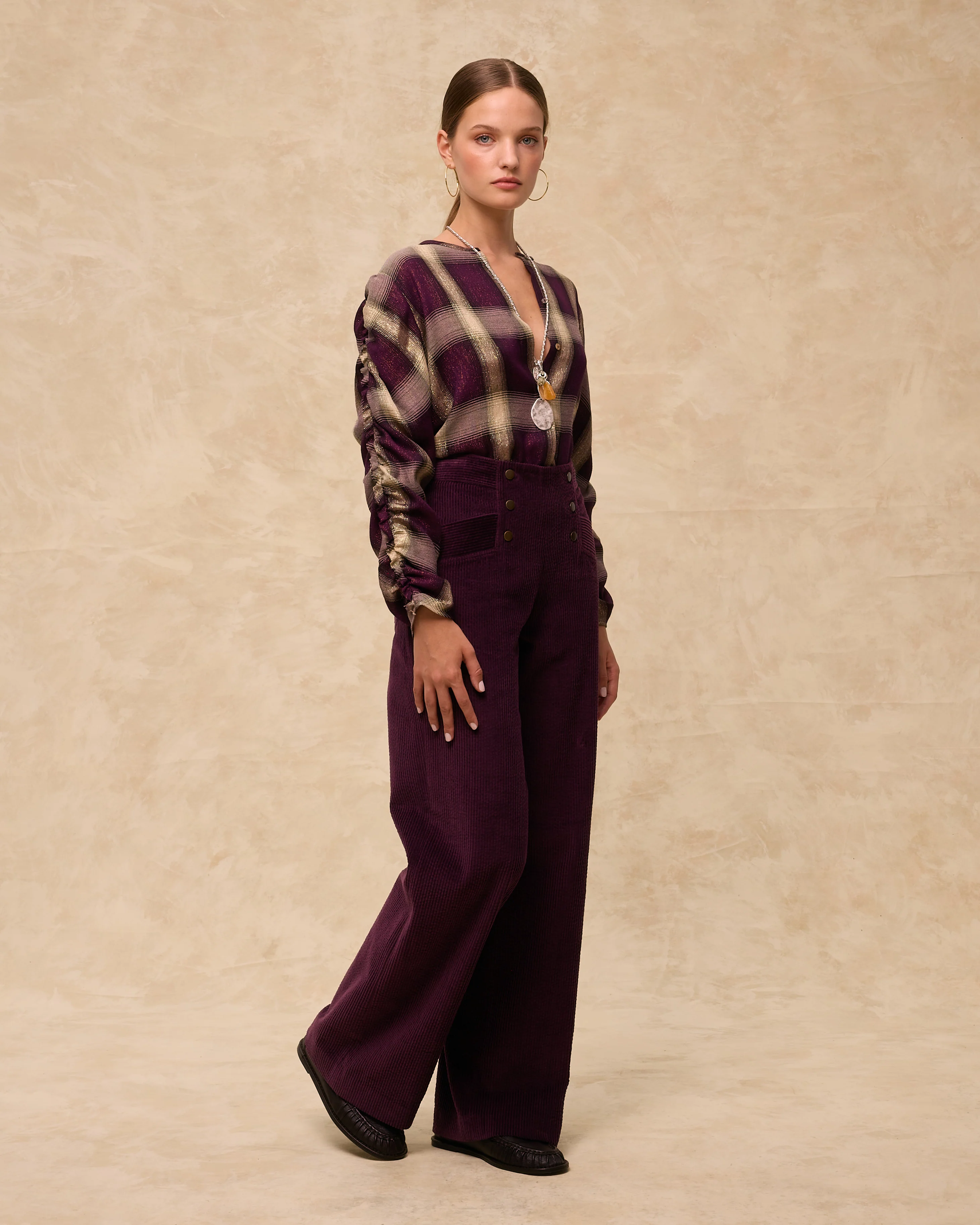 MILENKA | Aubergine Cotton Corduroy Trousers - Image 3