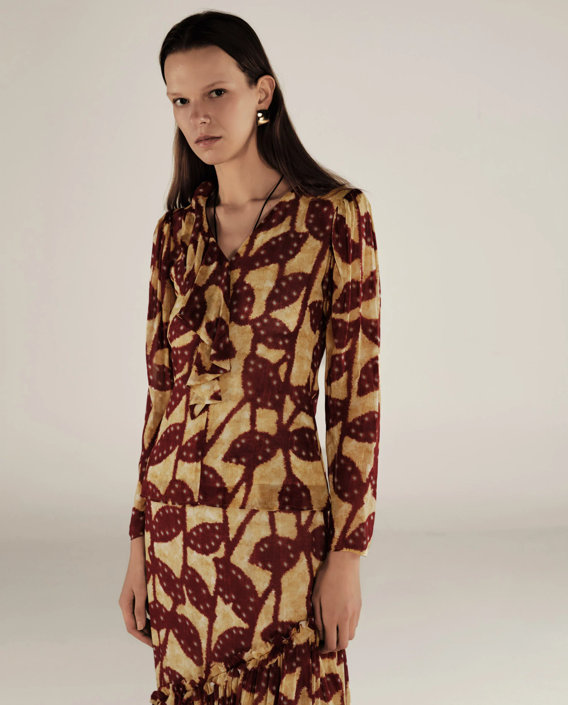 MILLIE | Burgundy & Gold Ruffle Crepe Blouse - Image 2
