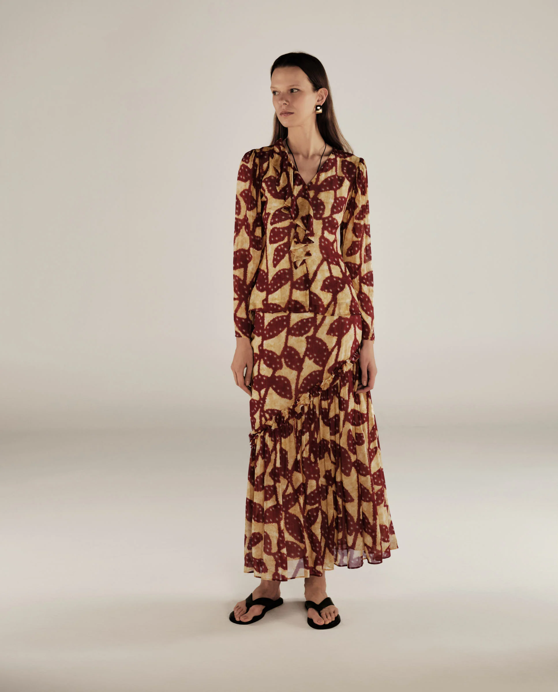 MILLIE | Burgundy & Gold Ruffle Crepe Blouse - Image 3