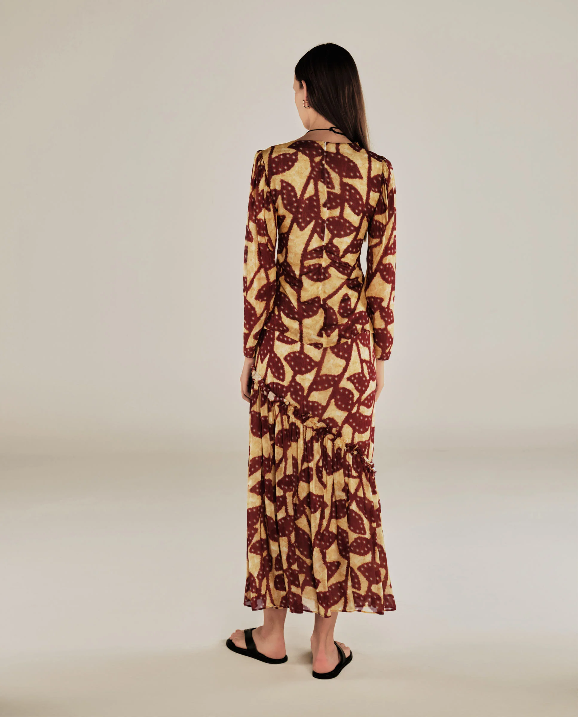 MILLIE | Burgundy & Gold Ruffle Crepe Blouse - Image 4