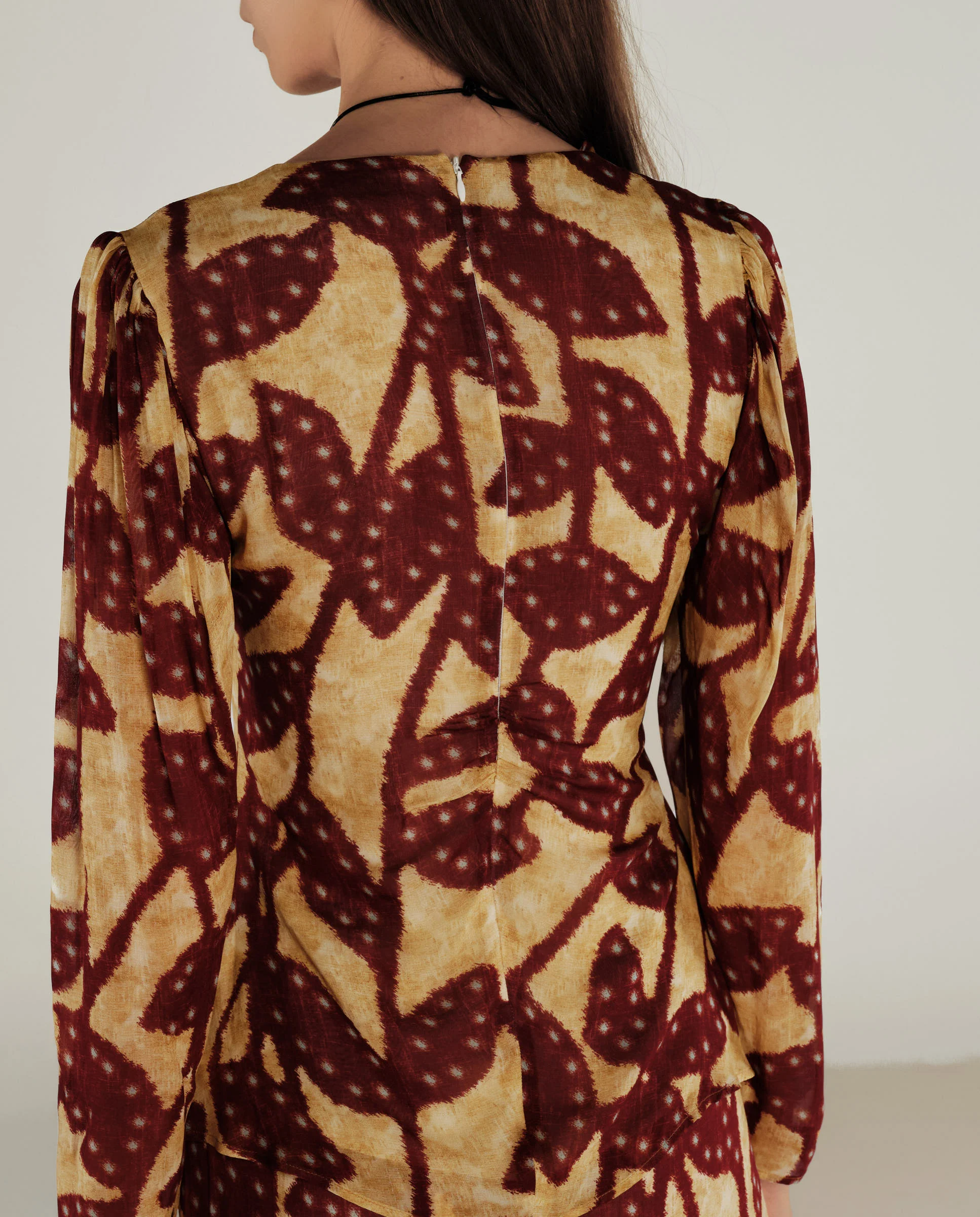 MILLIE | Burgundy & Gold Ruffle Crepe Blouse - Image 5