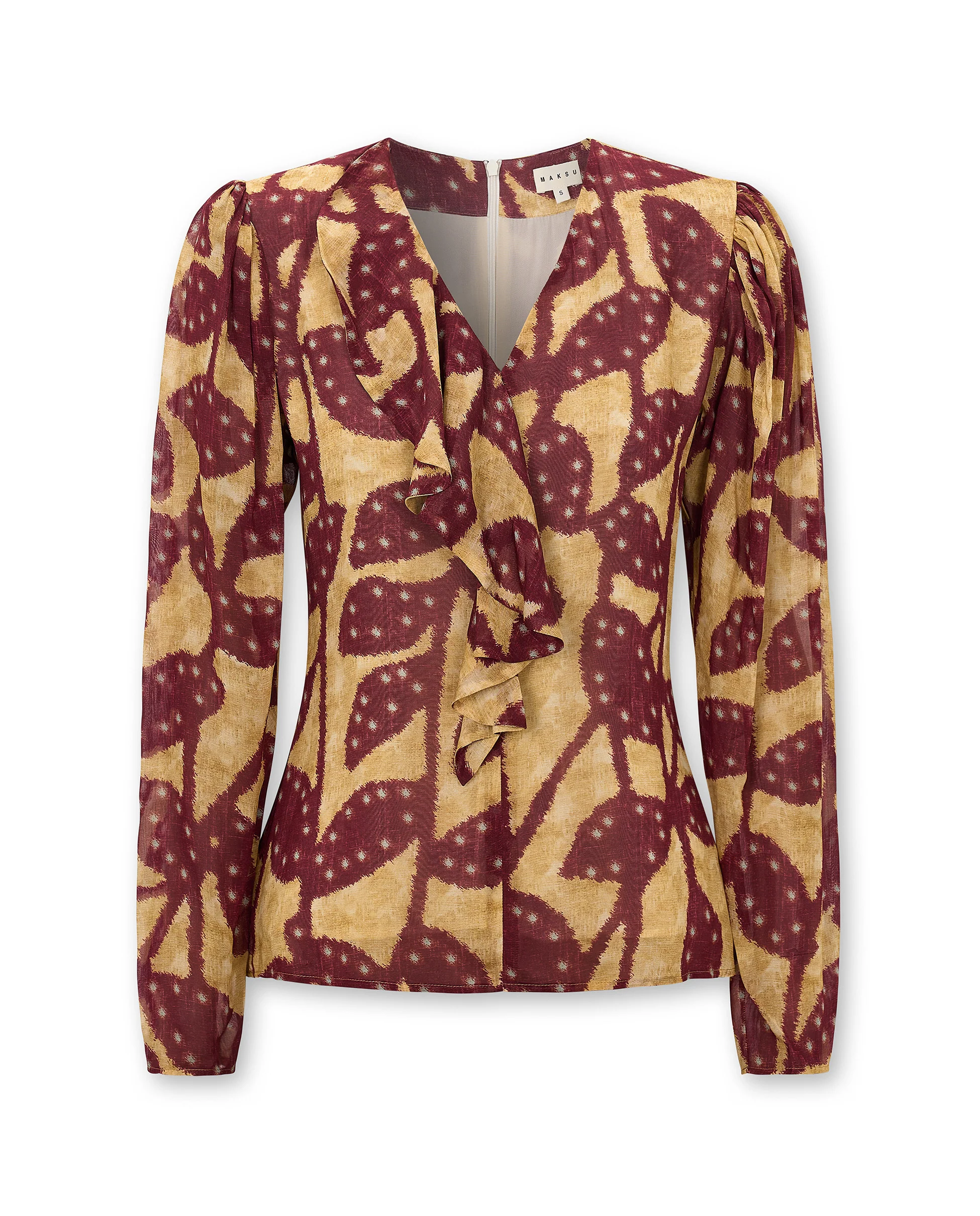 MILLIE | Burgundy & Gold Ruffle Crepe Blouse - Image 6