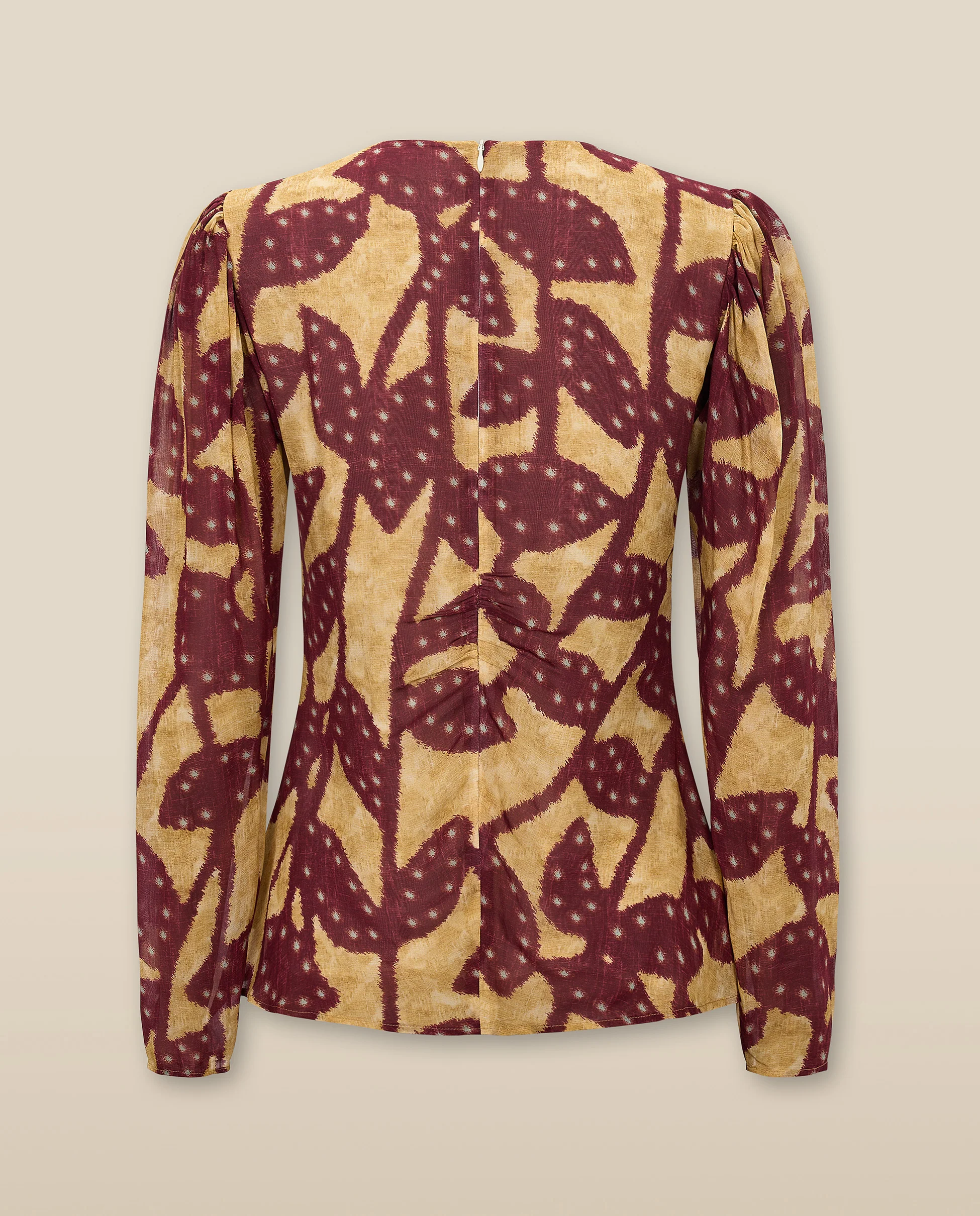 MILLIE | Burgundy & Gold Ruffle Crepe Blouse - Image 8