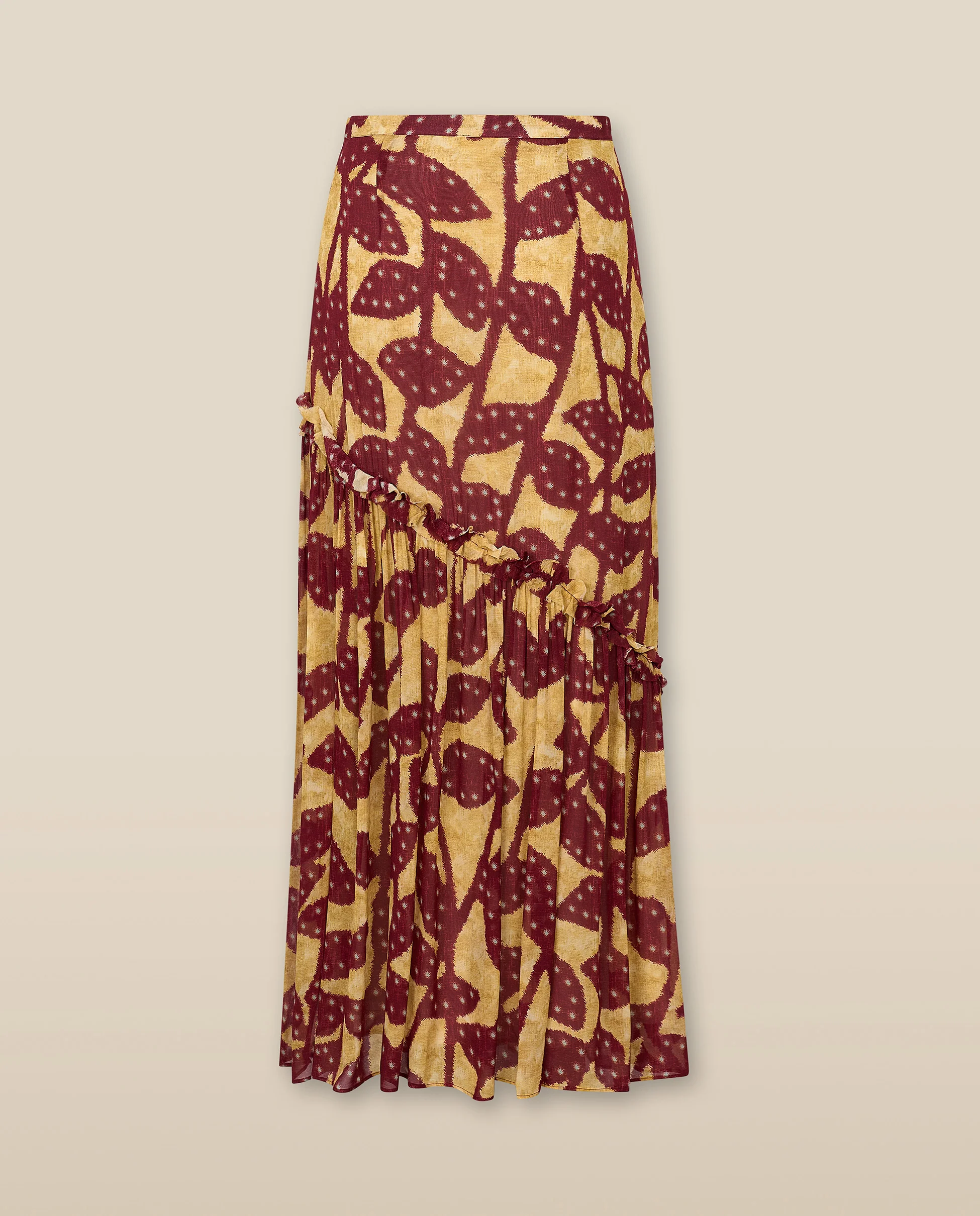 MILLIE | Burgundy & Gold Ruffle Crepe Long Skirt - Image 3