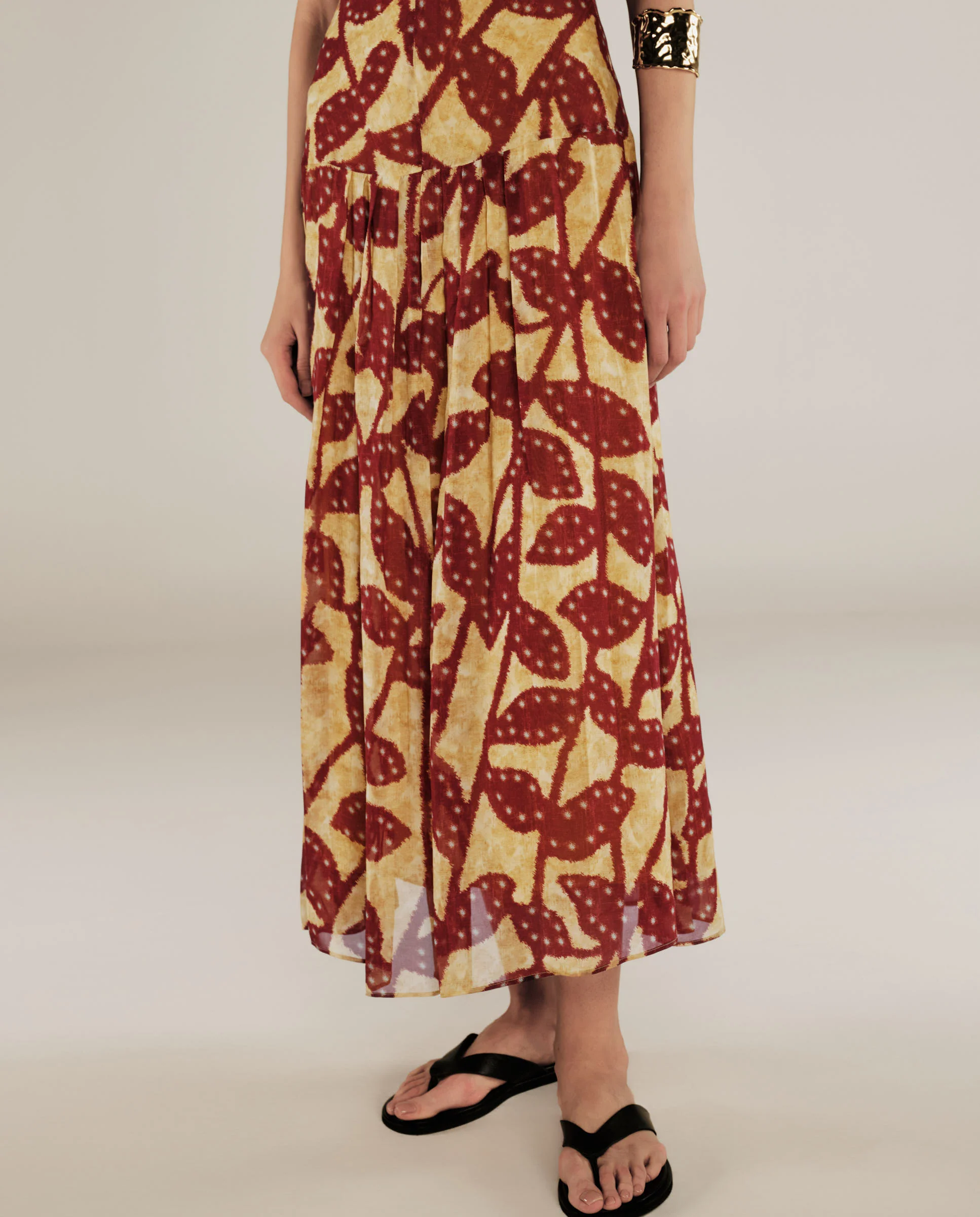 MILLIE | Burgundy & Gold Ruffle Crepe Midi Dress - Image 3