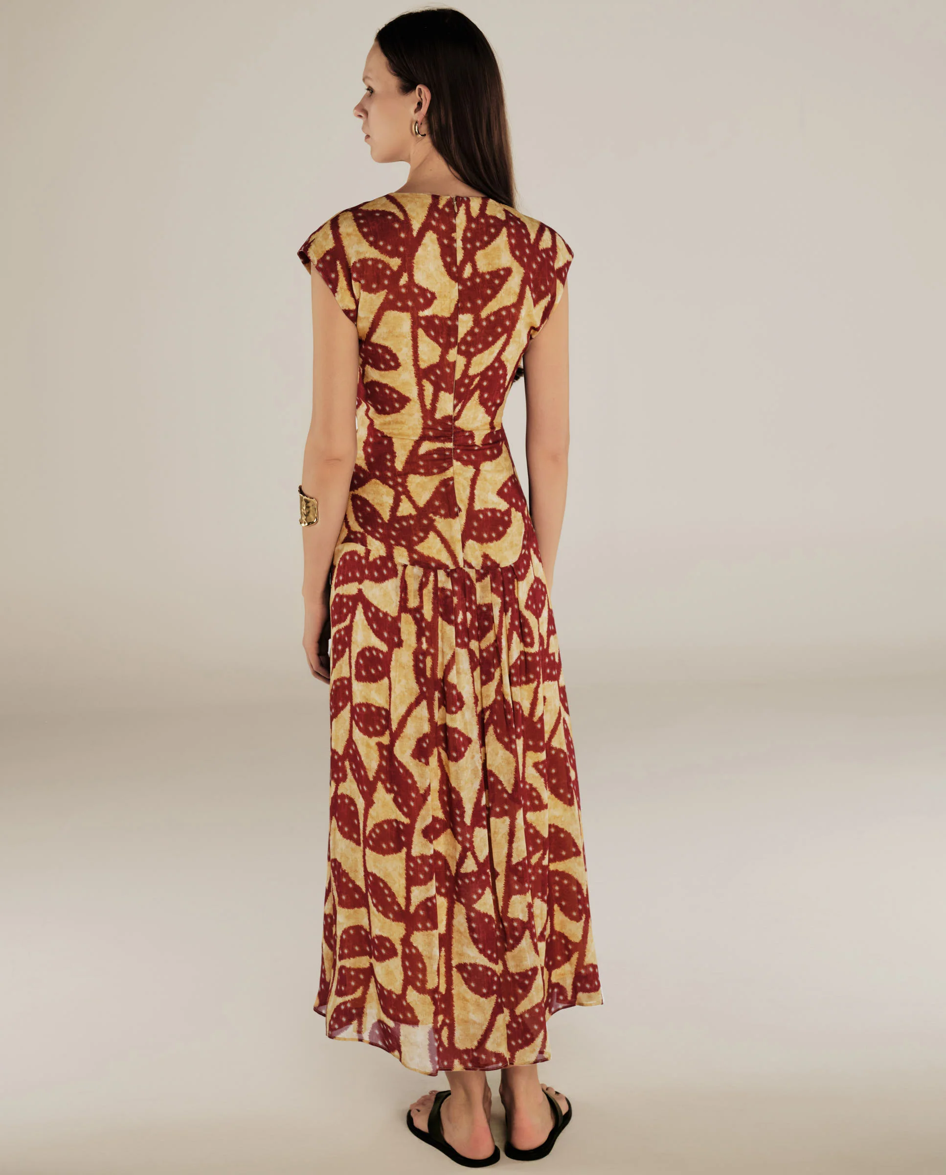 MILLIE | Burgundy & Gold Ruffle Crepe Midi Dress - Image 4
