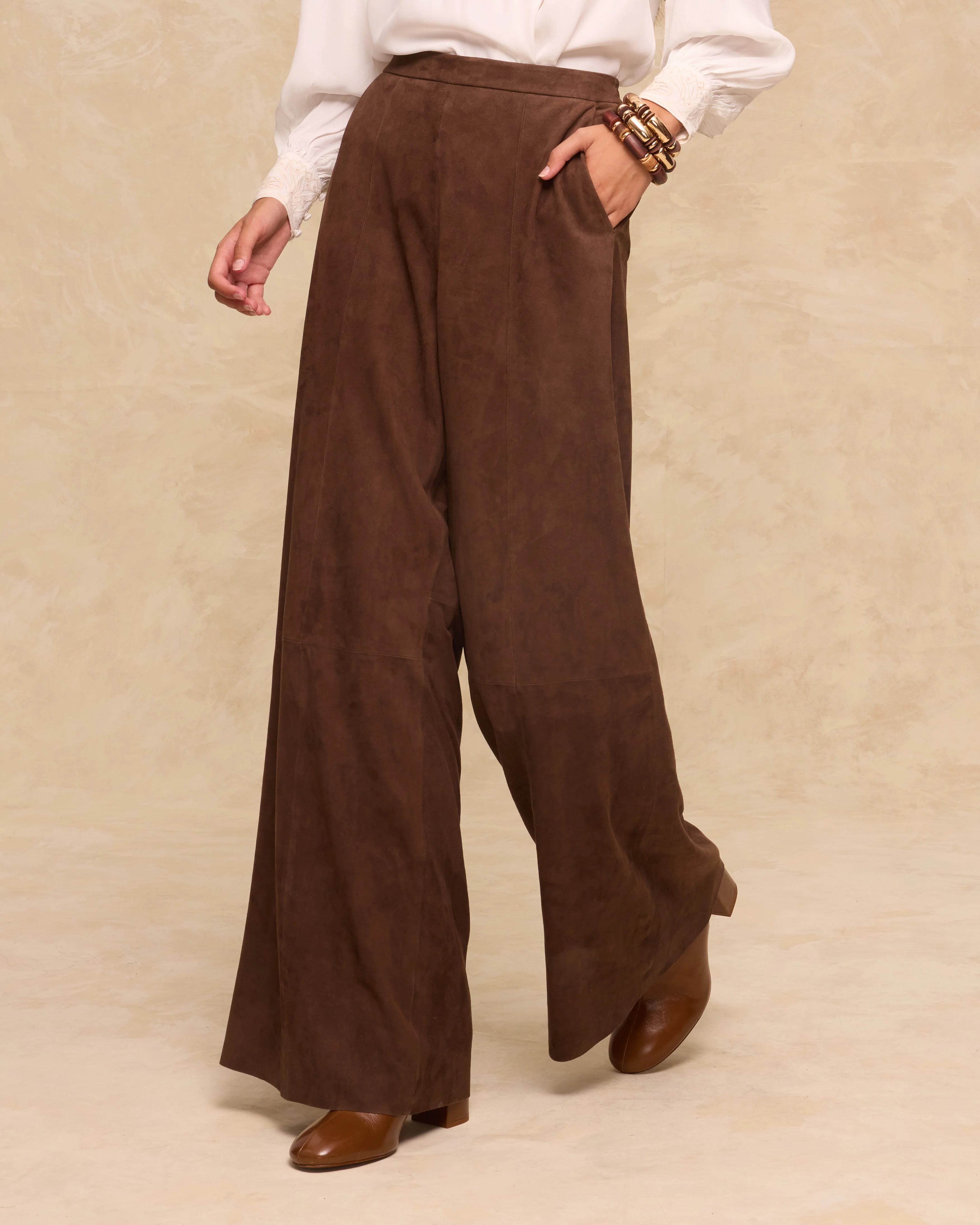 MOCHA | Dark Brown Suede Wide-Leg Trousers - Image 3