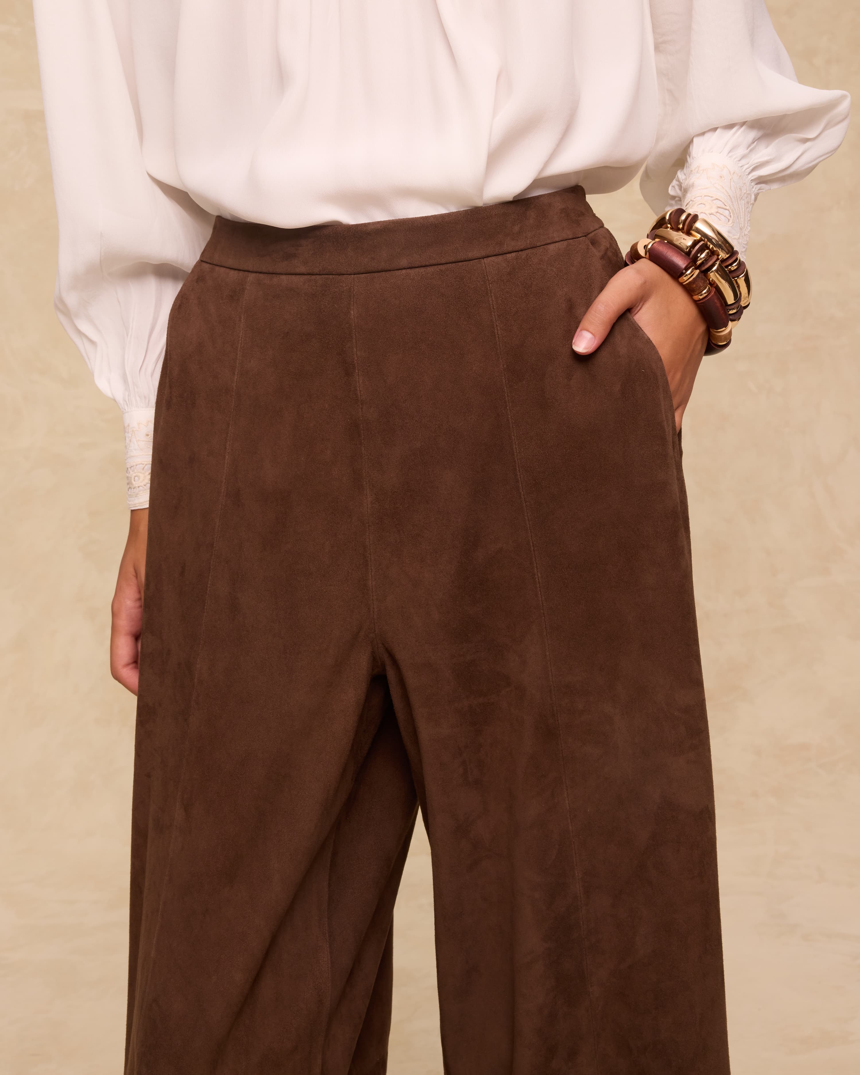MOCHA | Dark Brown Suede Wide-Leg Trousers - Image 4