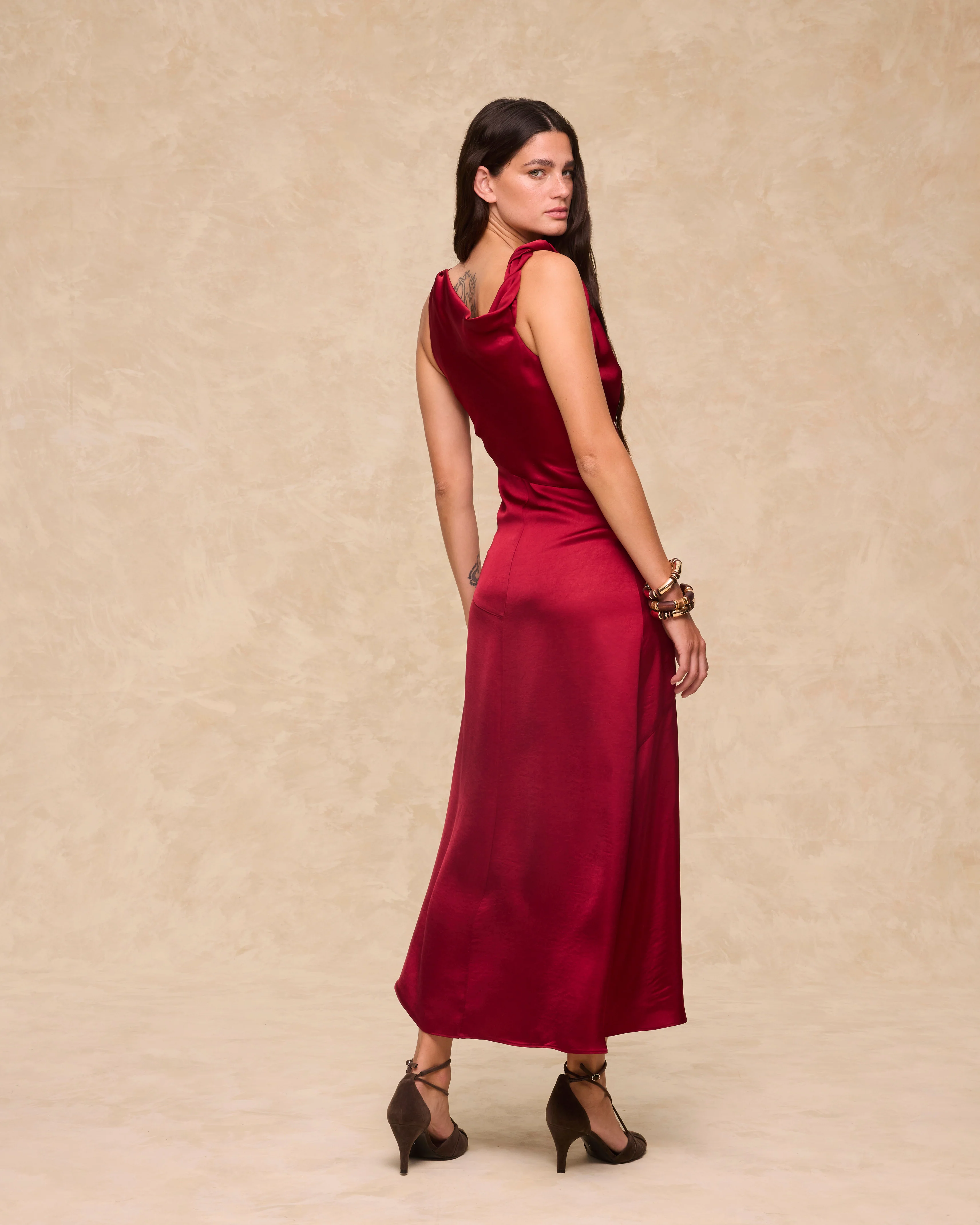 NATALIA | Claret Satin Midi Dress - Image 3