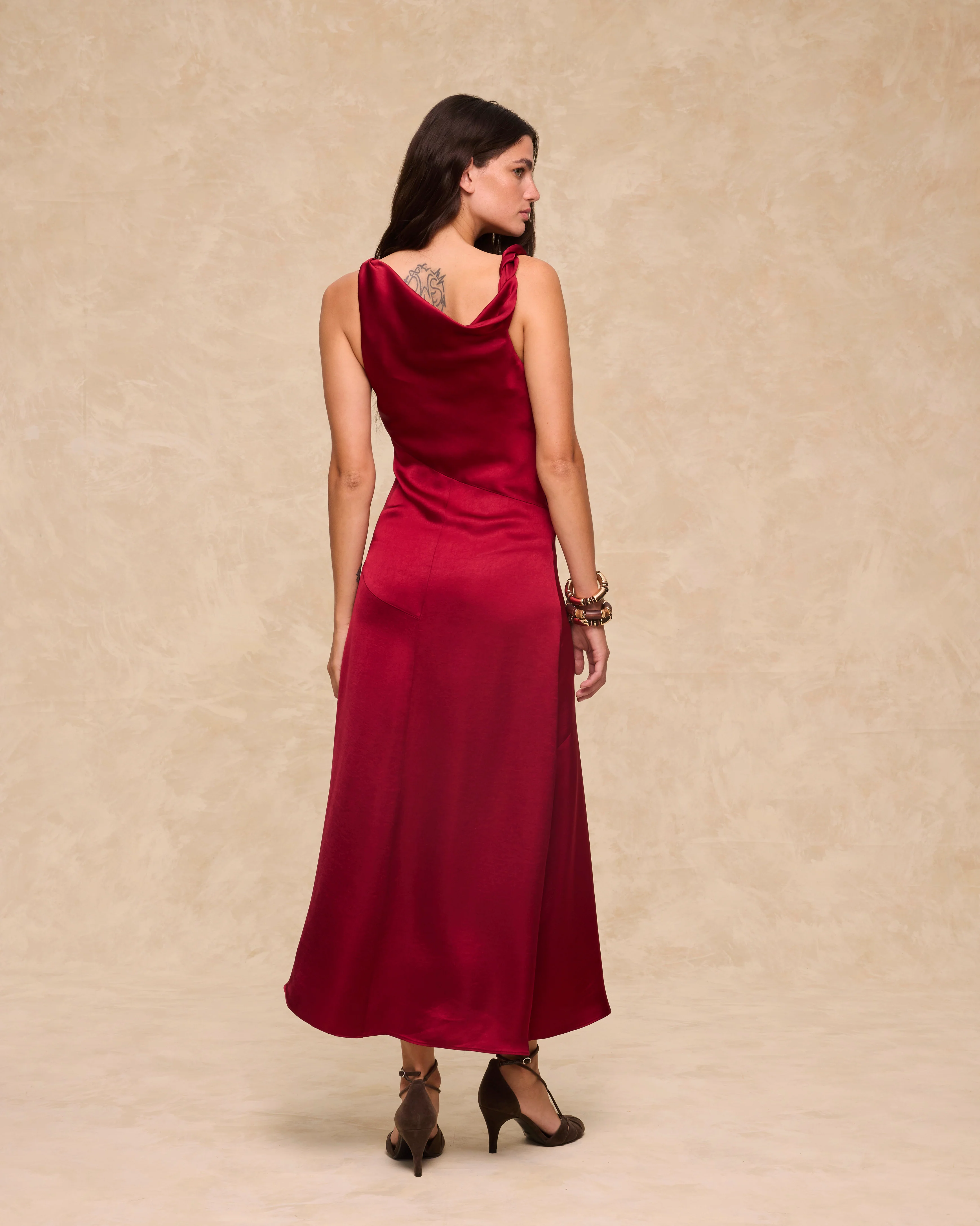NATALIA | Claret Satin Midi Dress - Image 4