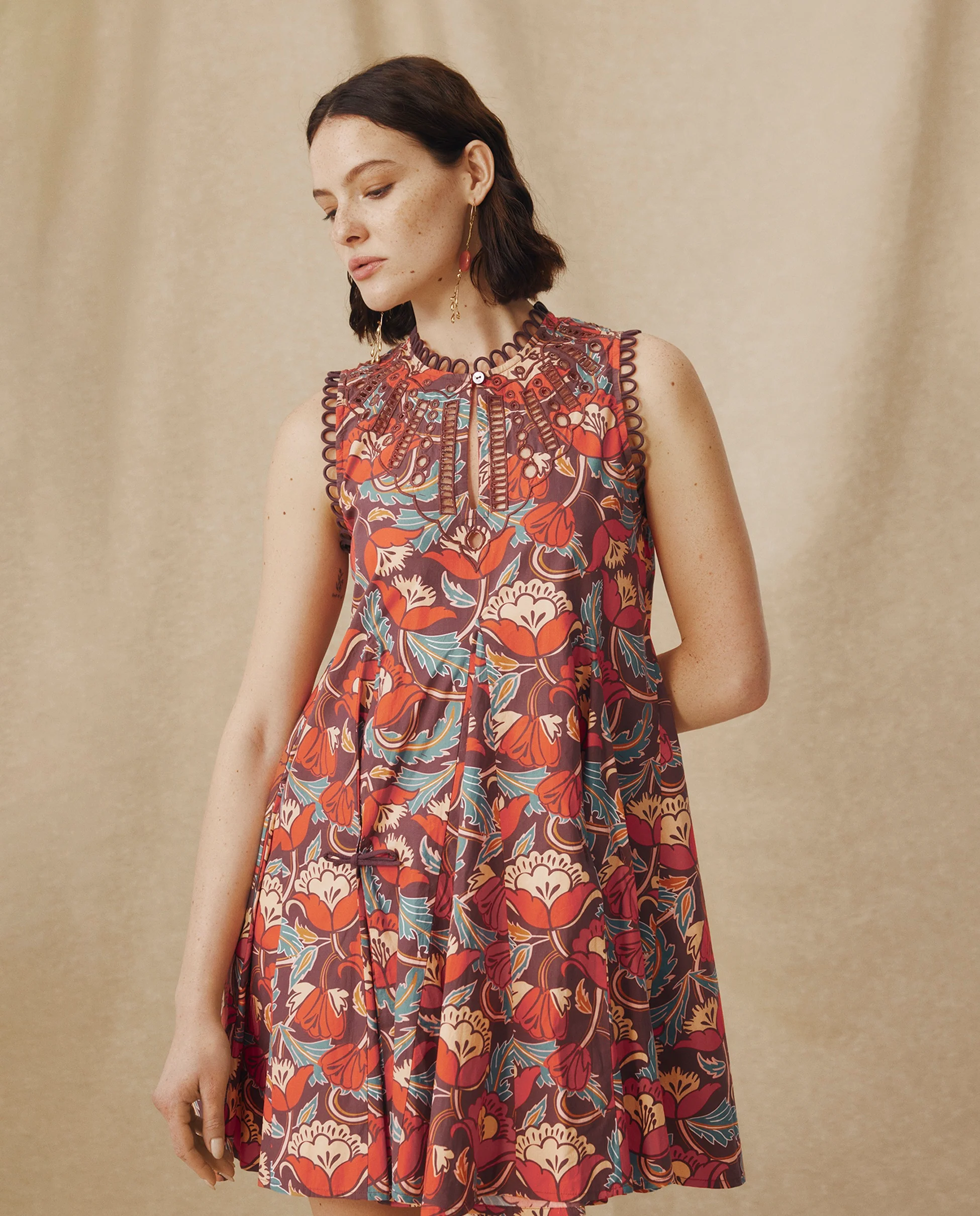 PRIYALA | Terracotta Multi Floral Cotton Short Dress - Image 2