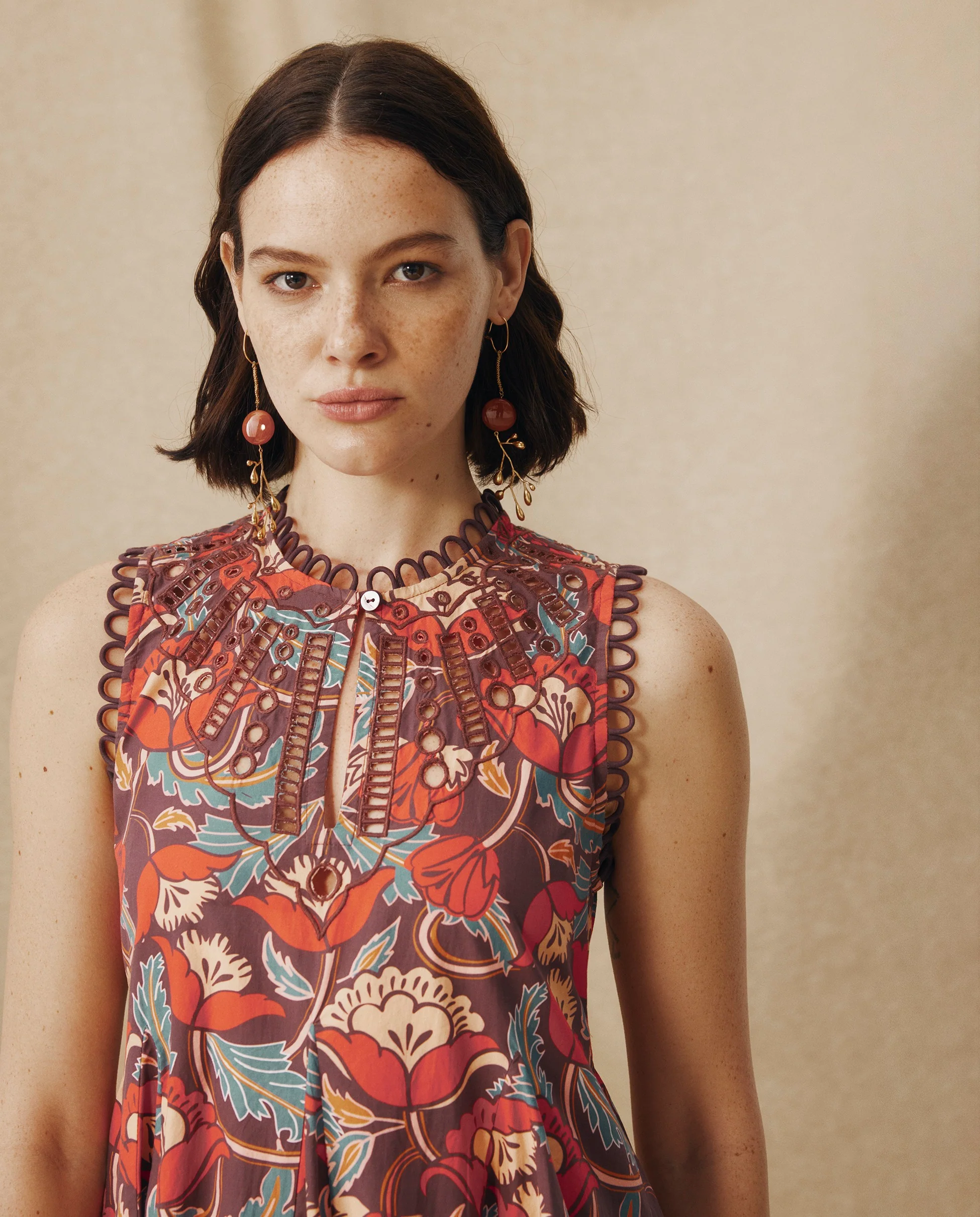 PRIYALA | Terracotta Multi Floral Cotton Short Dress - Image 3